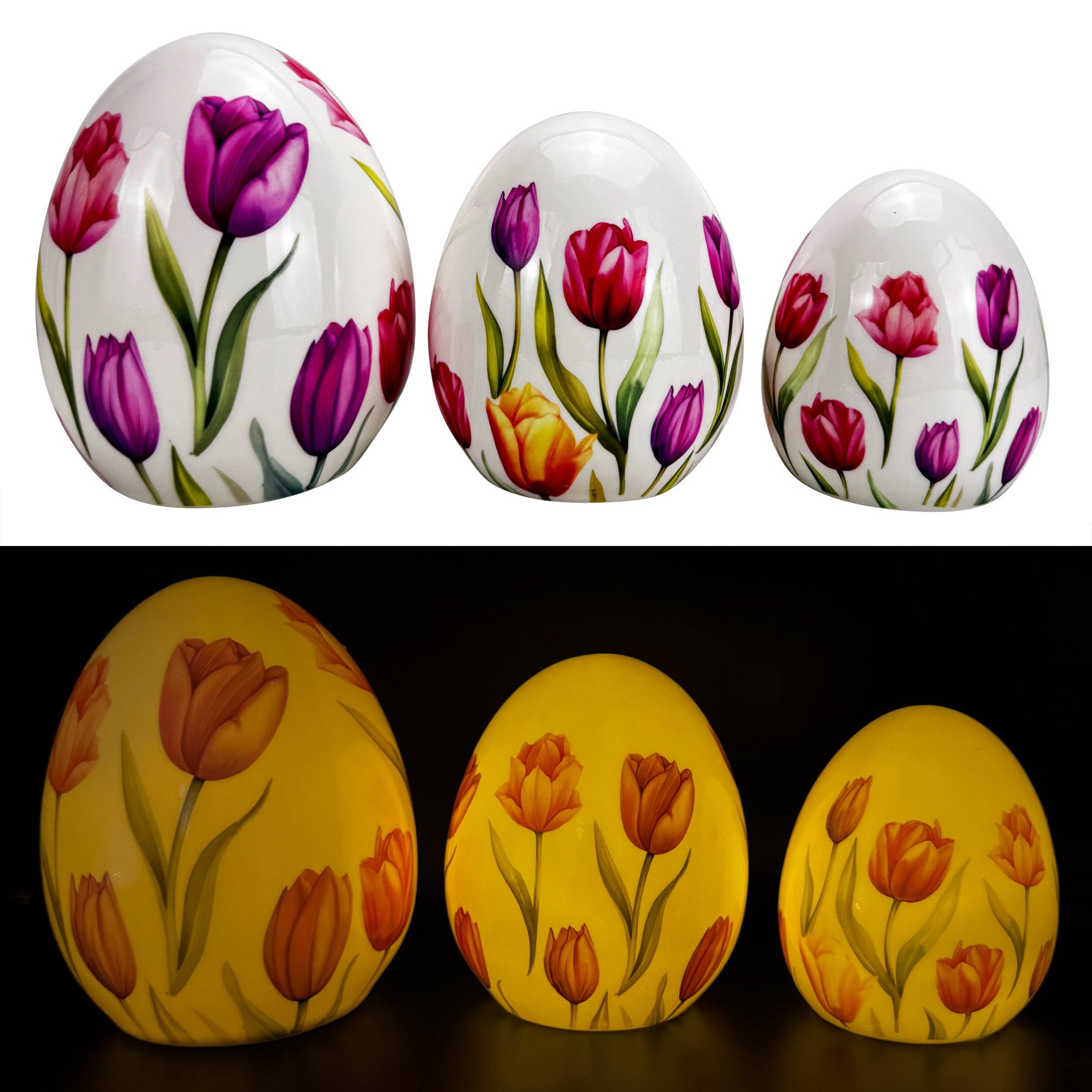 Online-Fuchs Osterei 3 LED Ostereier aus Keramik mit 6-Stunden Timer - Osterdeko, Frühling (mit blühenden Tulpen verziert, 13, 15 & 18 cm groß), warmweiß oder seichter Farbwechsel wählbar