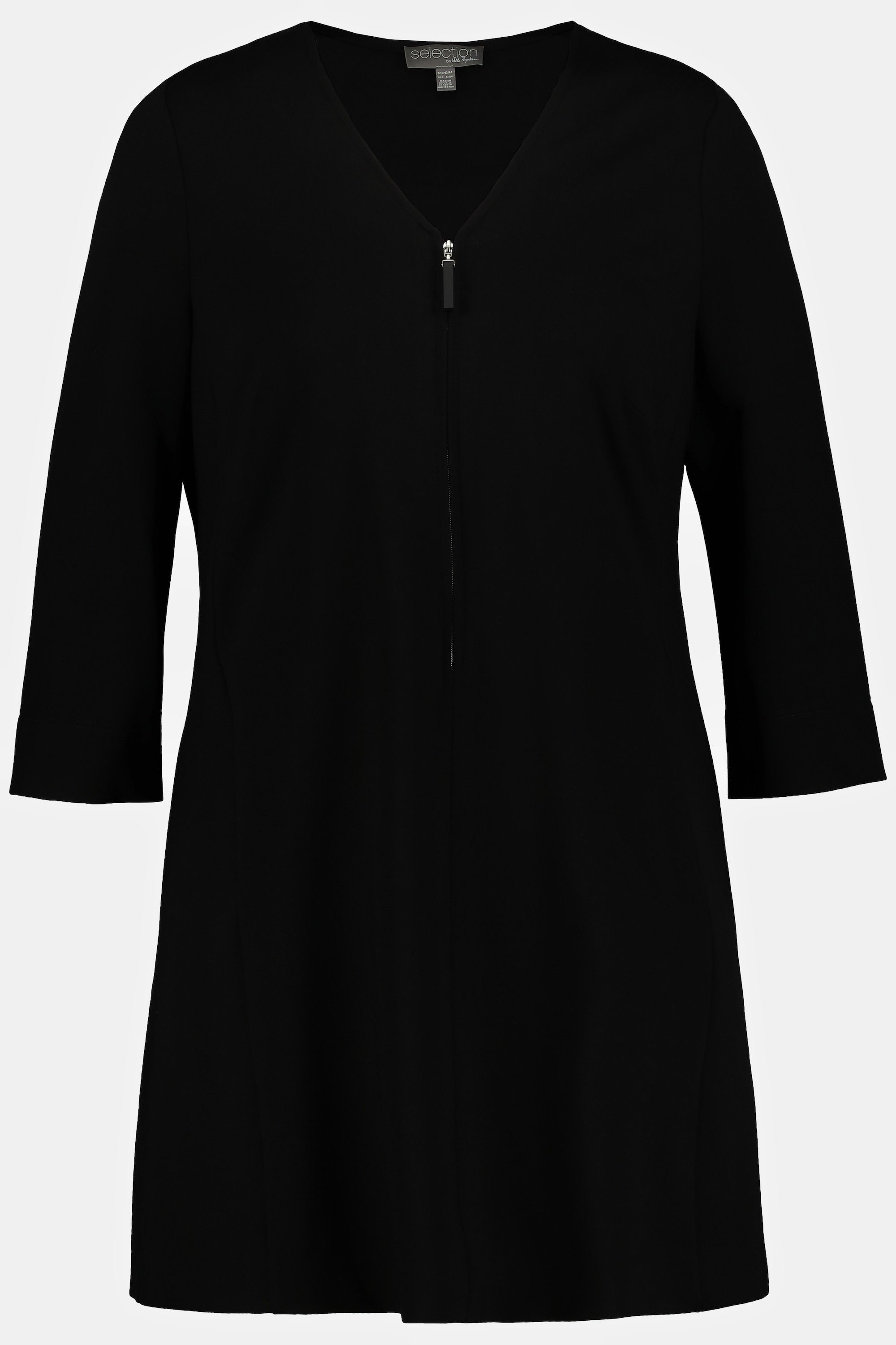 Ulla Popken Jerseykleid 3/4-Arm Kleid V-Ausschnitt Reißverschluss schwarz