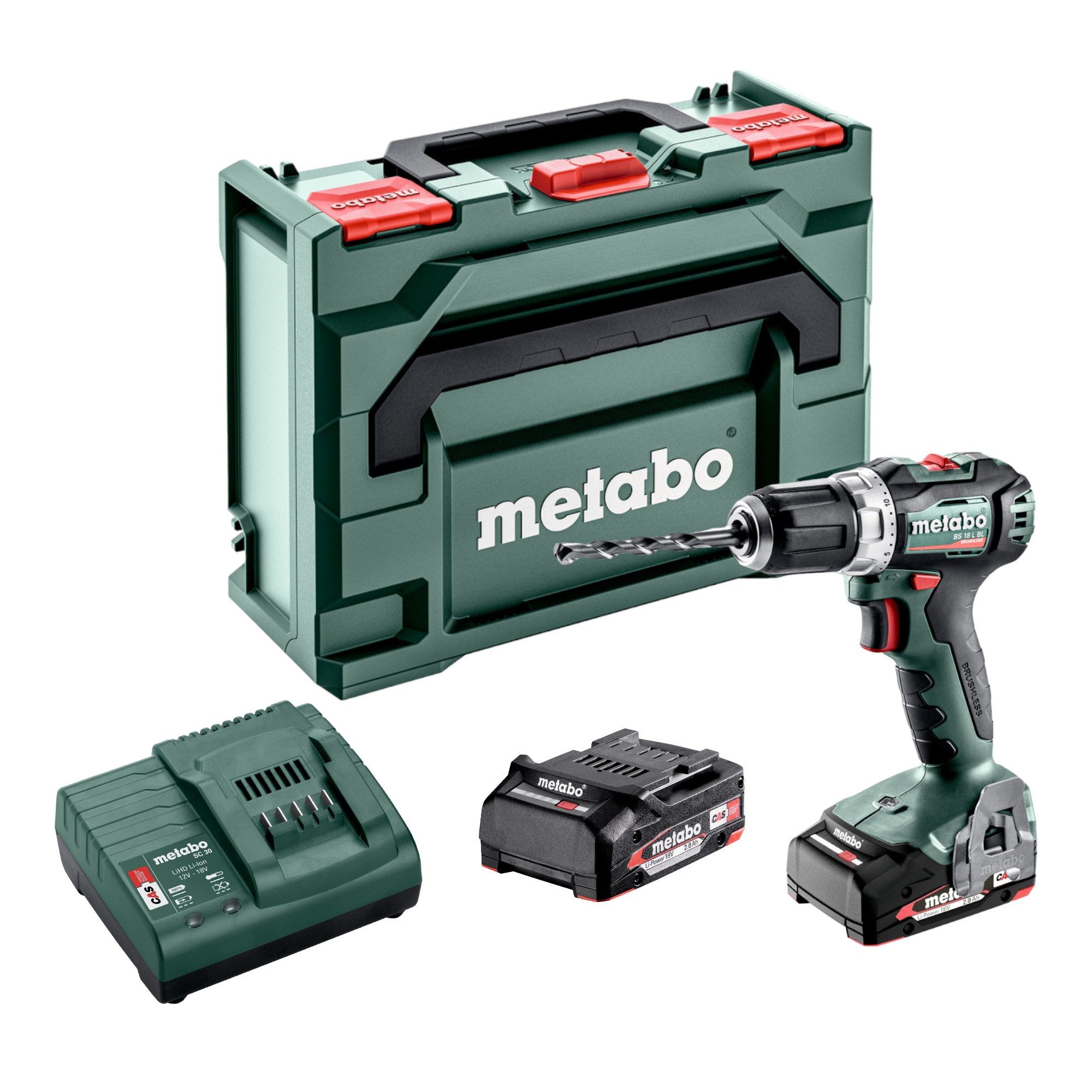 metabo Säulenbohrmaschine BS 18 L BL 18 V 60 Nm (602326500) + 2x Akku 2,0 Ah + Lader + Metabox