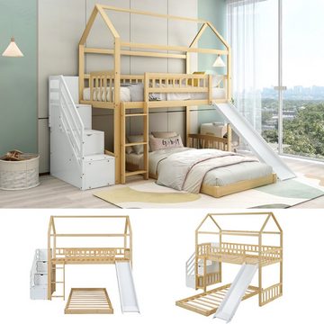 REDOM Kinderbett 90x200cm Etagenbett Hausbett Gästebett Bett Einzelbett (mit Treppe mit Handlauf und rechtwinkliger Leite), Treppe mit Stauraum, Hausbett mit Rutsche, Ohne Matratze