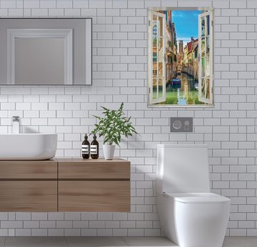 Wallario Wandfolie, Urlaub in Venedig Kanal zwischen bunten Häusern, mit Fenster-Illusion, wasserresistent, geeignet für Bad und Dusche