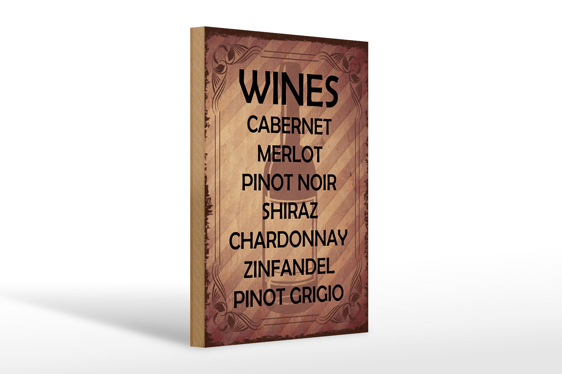Femer GmbH Holzbild Alkohol 20x30 cm Wines 7 Weinsorten aufgelistet, (1 St), Glatte Holzfaserplatte (MDF), vorn beschichtet