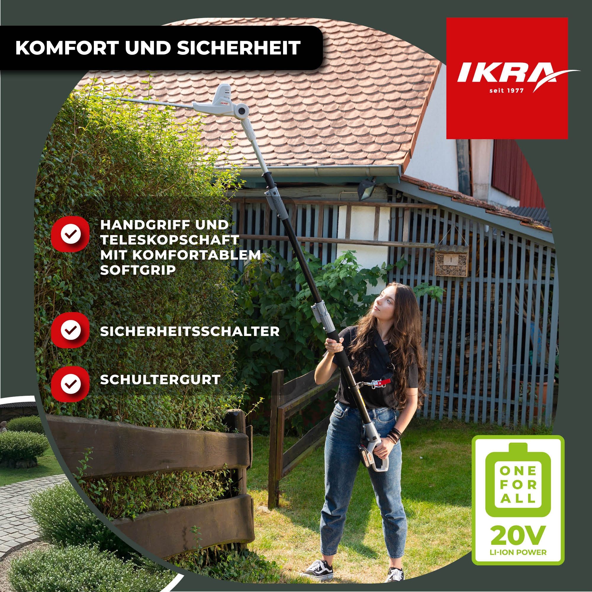ikra GmbH Teleskop-Heckenschere ICPH 2040, bis 2,75 m Arbeitshöhe, 2 x 20V Akkus, Lasergeschnittene & gehärtete Messer, Schnelllader – Bild 4 von 5