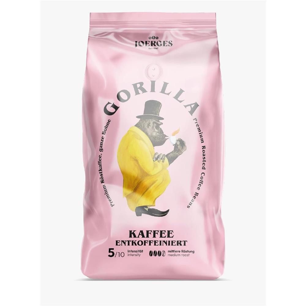 Gorilla Kaffee Joerges Kaffee Entkoffeiniert 1kg Bohnen Kaffeebohnen, 1 x 1000 g, Intensität von 5/10