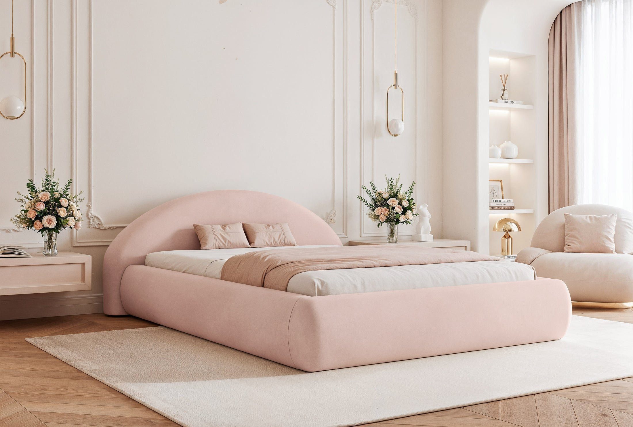 Goldstoff Polsterbett "Sky" 120x200–200x200cm mit Bettkasten Rundes Design & großer Stauraum (Stauraumbett - Gepolstertes Doppelbett mit hohem Kopfteil, 1-tlg., Kopfteil: 112 cm), Designerbett 160x200 - Gepolstertes Bett mit Lattenrost