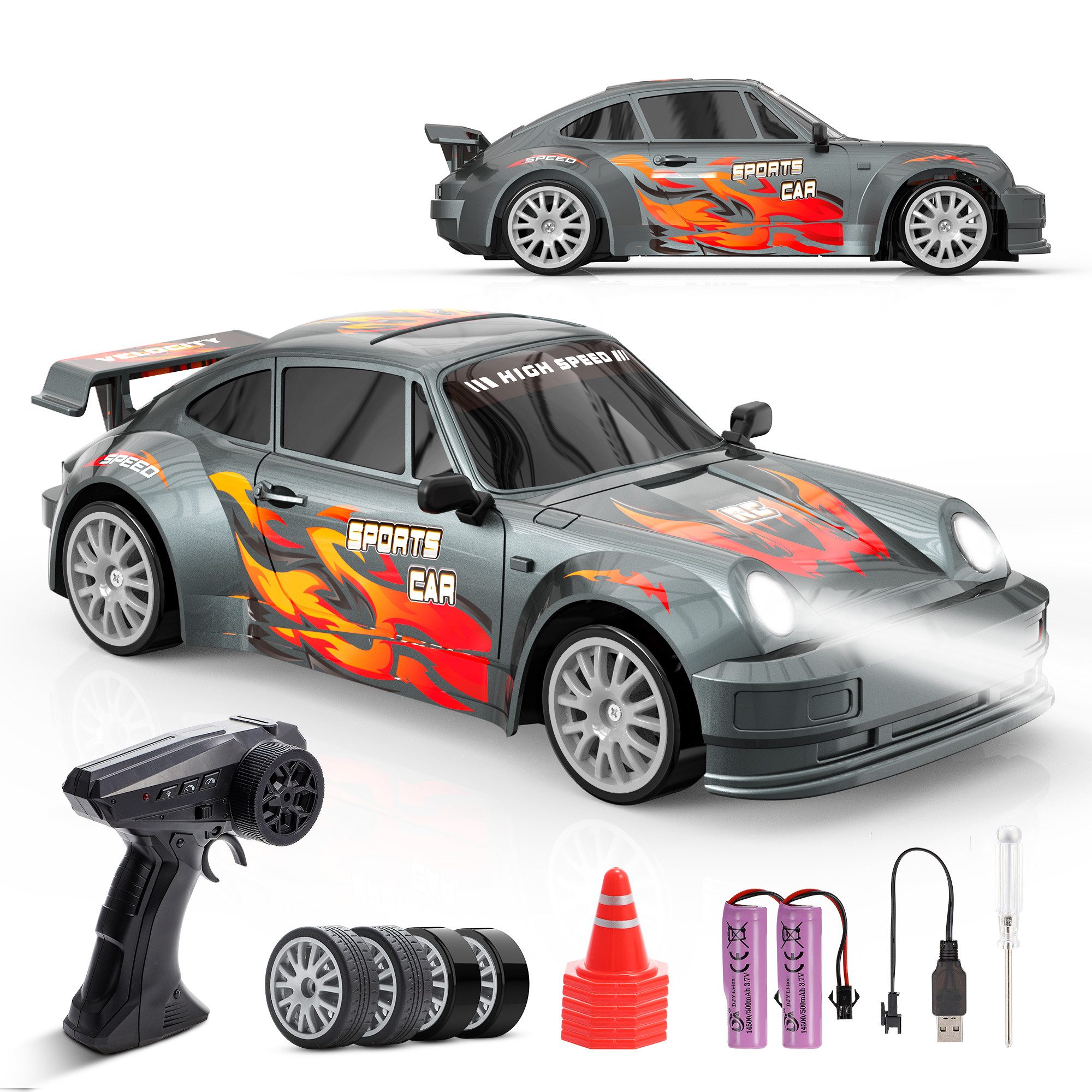Wootoy RC-Auto RC Drift Car RC-Buggy Ferngesteuertes Auto mit LED-Frontscheinwerfer (2,4-GHz-Fernsteuerung mit mehreren Fahrzeugen gleichzeitig, 1-tlg., 2 Fahrmodi mit austauschbaren Drift- und Rennreifen), deal für Renn- und Driftfans ab 6 Jahren