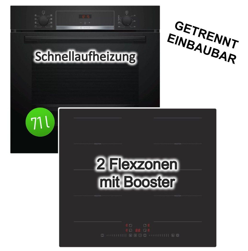 BOSCH Backofen-Set Einbaubackofen 3D-Heißluft EcoClean+ PKM Induktionskochfeld Flexzonen