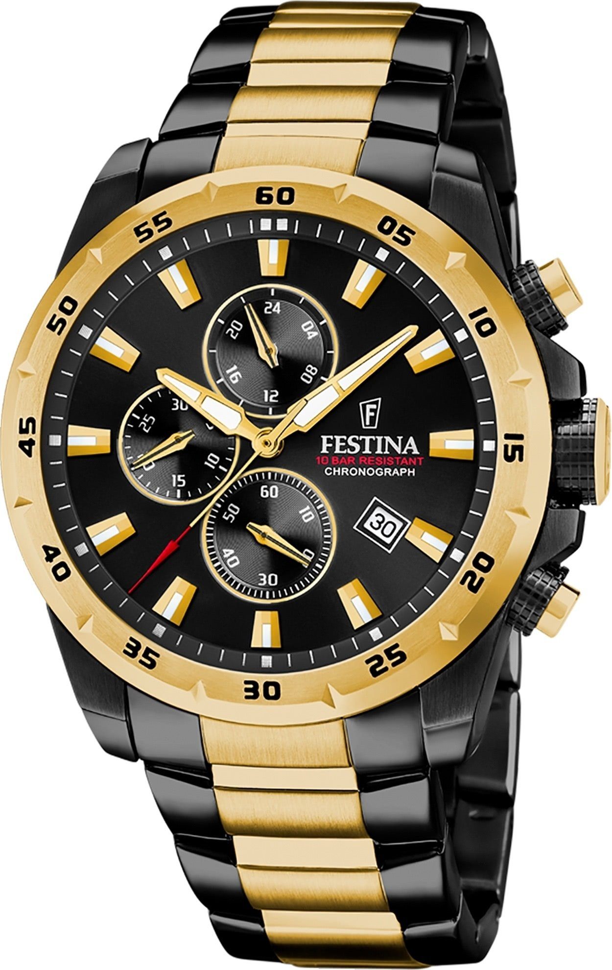 Festina Quarzuhr Festina Herrenuhr Chronograph Sport, (Analoguhr), Herren Armbanduhr rund, Edelstahlarmband schwarz, gold, Sportlich