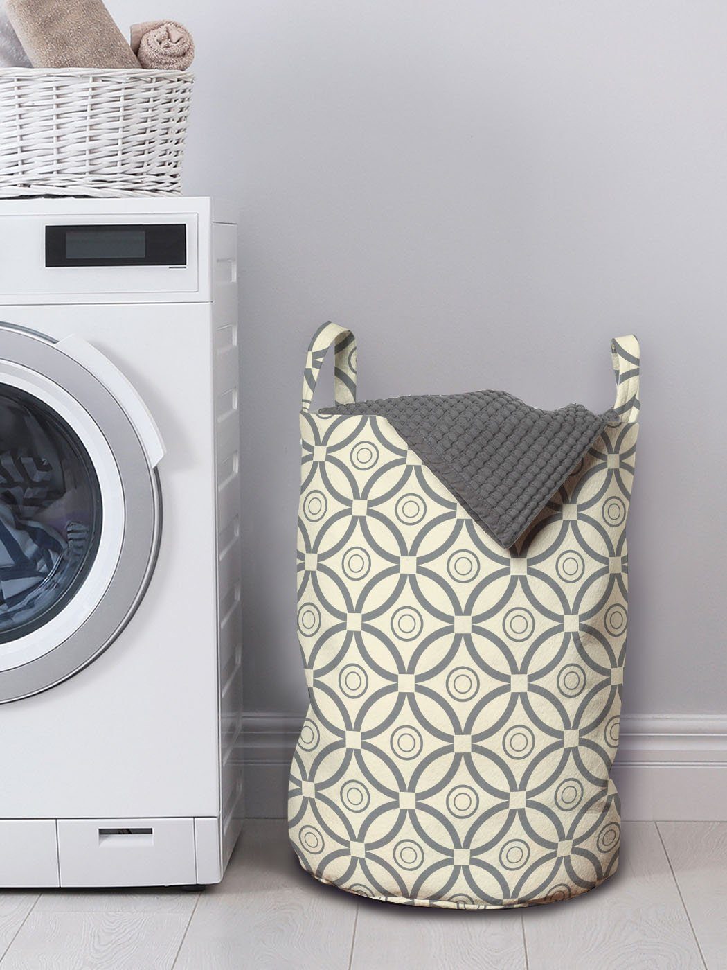 Abakuhaus Wäschesäckchen Wäschekorb mit Griffen Primitive Kreise Gitterwerk Kordelzugverschluss für Waschsalons