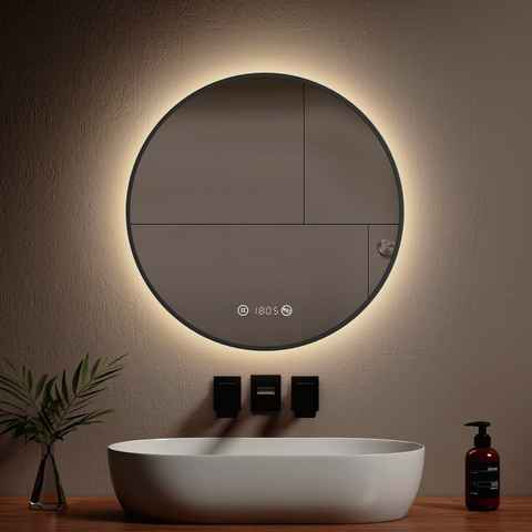 EMKE Badspiegel EMKE LED Badspiegel Rund Spiegel mit Beleuchtung Schwarz, mit Touch, Antibeschlage, Uhr, Temperatur, Dimmbar, Memory-Funktion