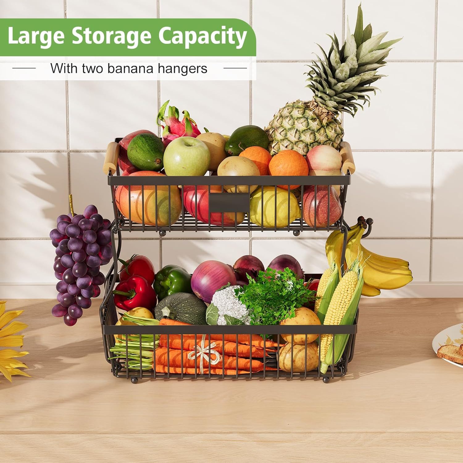 Refined Living Obstschale 2 Etagen, Arbeitsplattenregal für die Küche, Gemüseregal,mit Holzgriff, Rostfreies, Kohlenstoffstahl, (Fruchtkorb mit 2 Bananenaufhäng – Bild 3 von 5