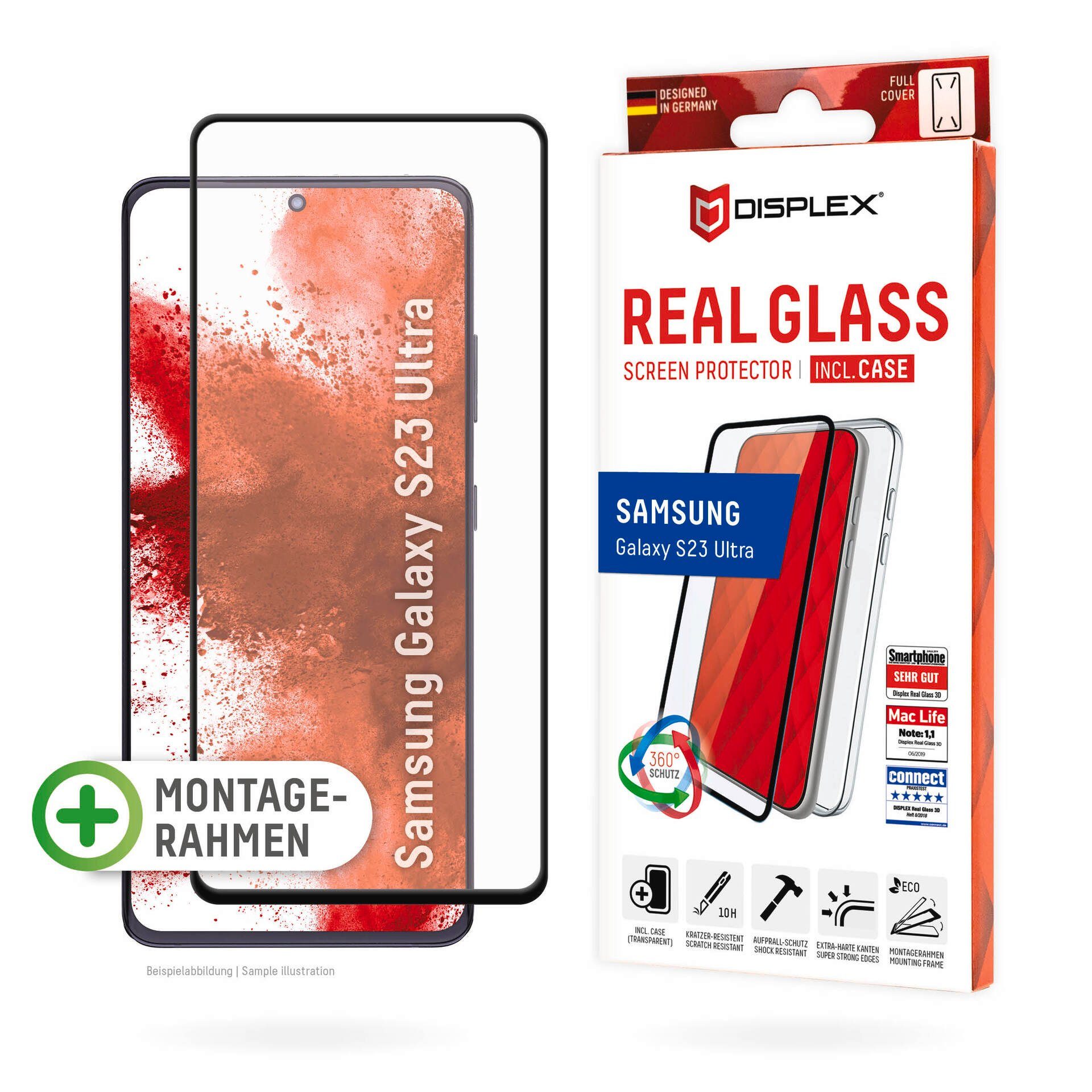 Displex Displayschutzglas Real Glass + Case - Samsung Galaxy S23 Ultra, Displayschutzfolie Displayschutz Rundumschutz 360 Grad splitterfest