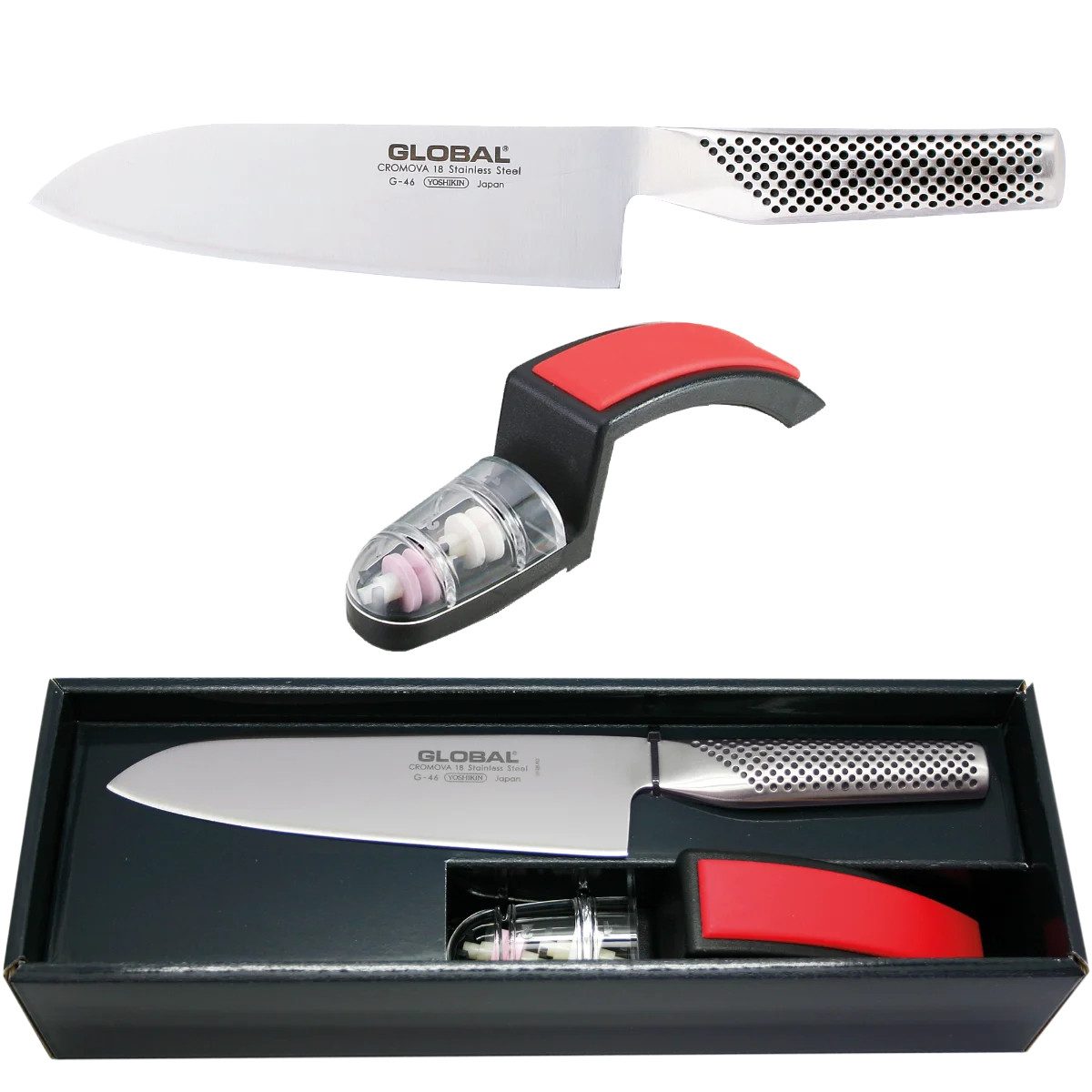 GLOBAL Messer-Set Global G-46220 Starterset G-46 Santoku und MinoSharp Schleifer, G-46220BR