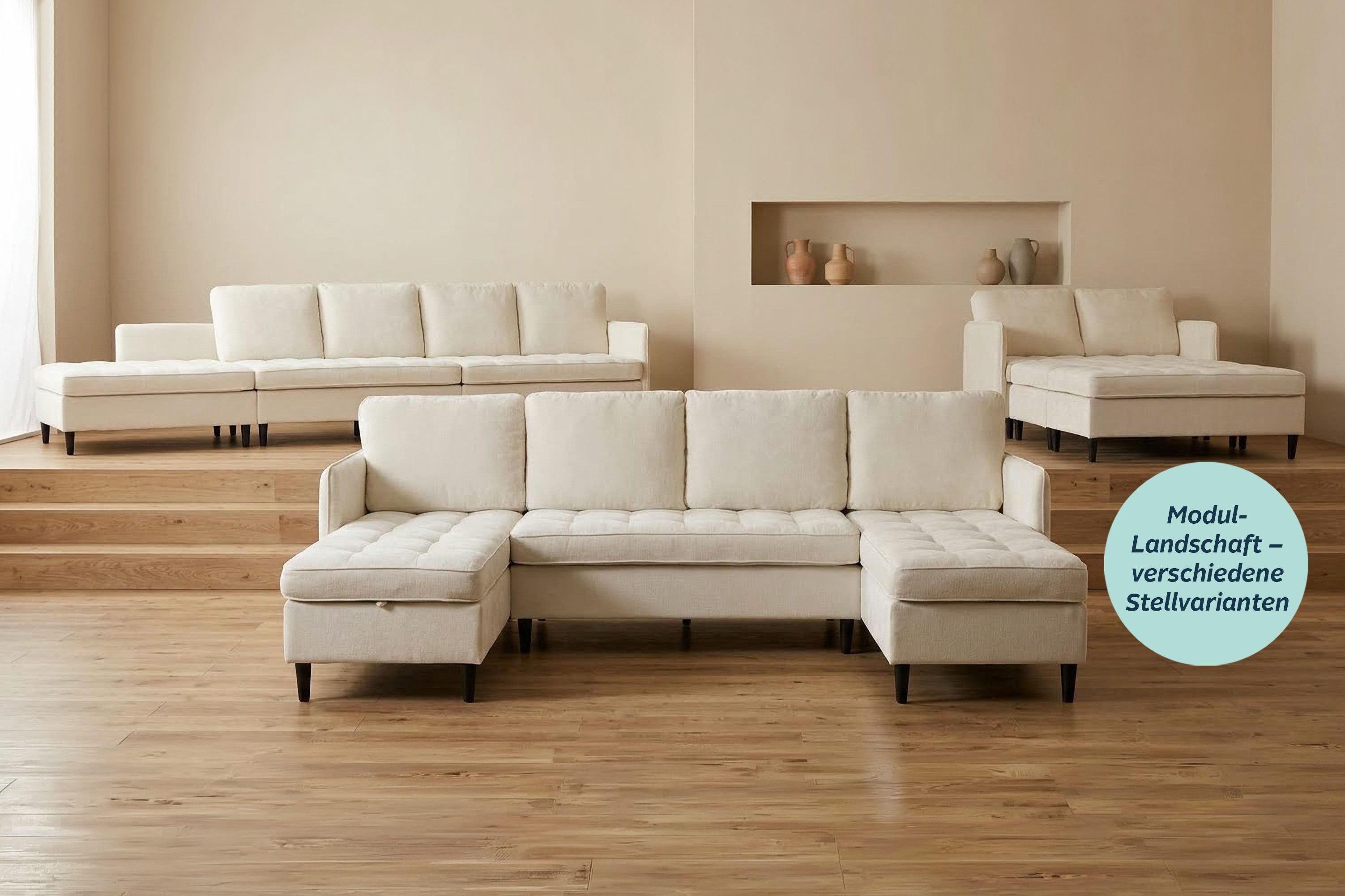 Dorel Home Wohnlandschaft LINDHUS, Chenille, Modulsofa, verschiedene Stellvarianten, Breite als U-Form (254cm) mit Verbindern fixierbar, Recamiere,Stauraum