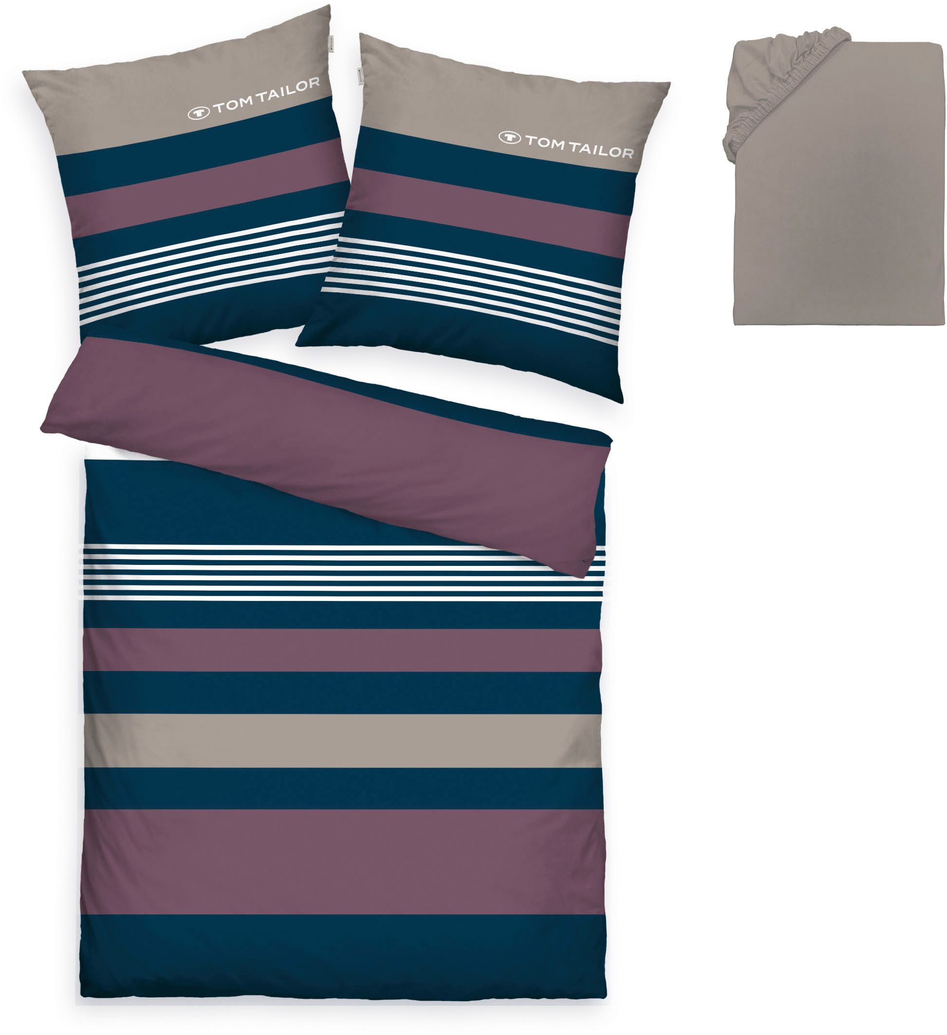 TOM TAILOR HOME Bettwäsche Carl in Gr. 135x200 oder 155x220 cm, Biber, 3 teilig, mit GRATIS-Zugabe: Spannbettlaken, 100% Baumwolle, mit Reißverschluss