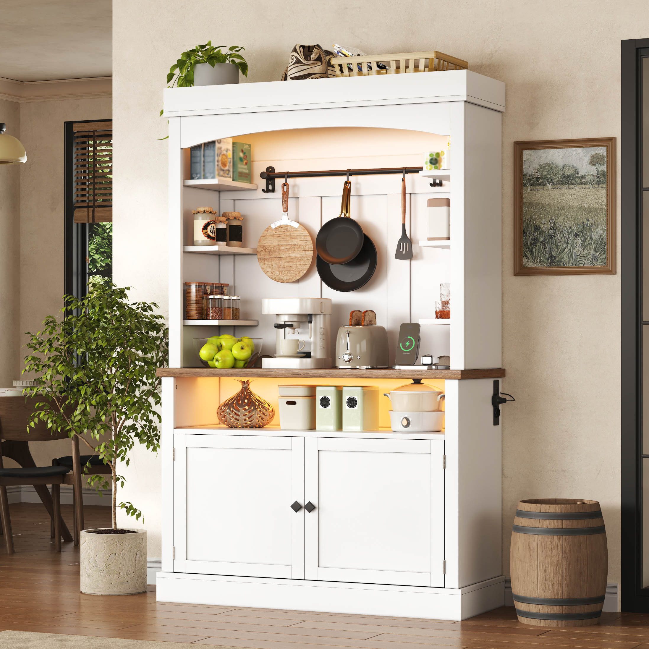 Flieks Küchenbuffet mit Steckdose, LED-Beleuchtung, Haken und Ablagen (1-St., 106x43x183 cm) Hochschrank Küchenschrank Buffetschrank mit Arbeitsplatte Weiß