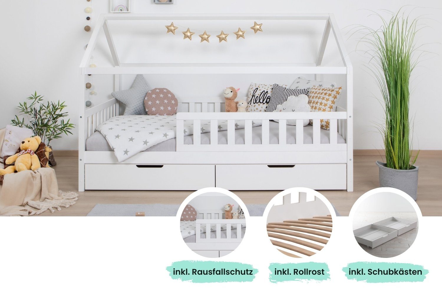 Ticaa Hausbett Kay mit Rausfallschutz und Schubkasten aus Kiefer, Kinderbet günstig online kaufen