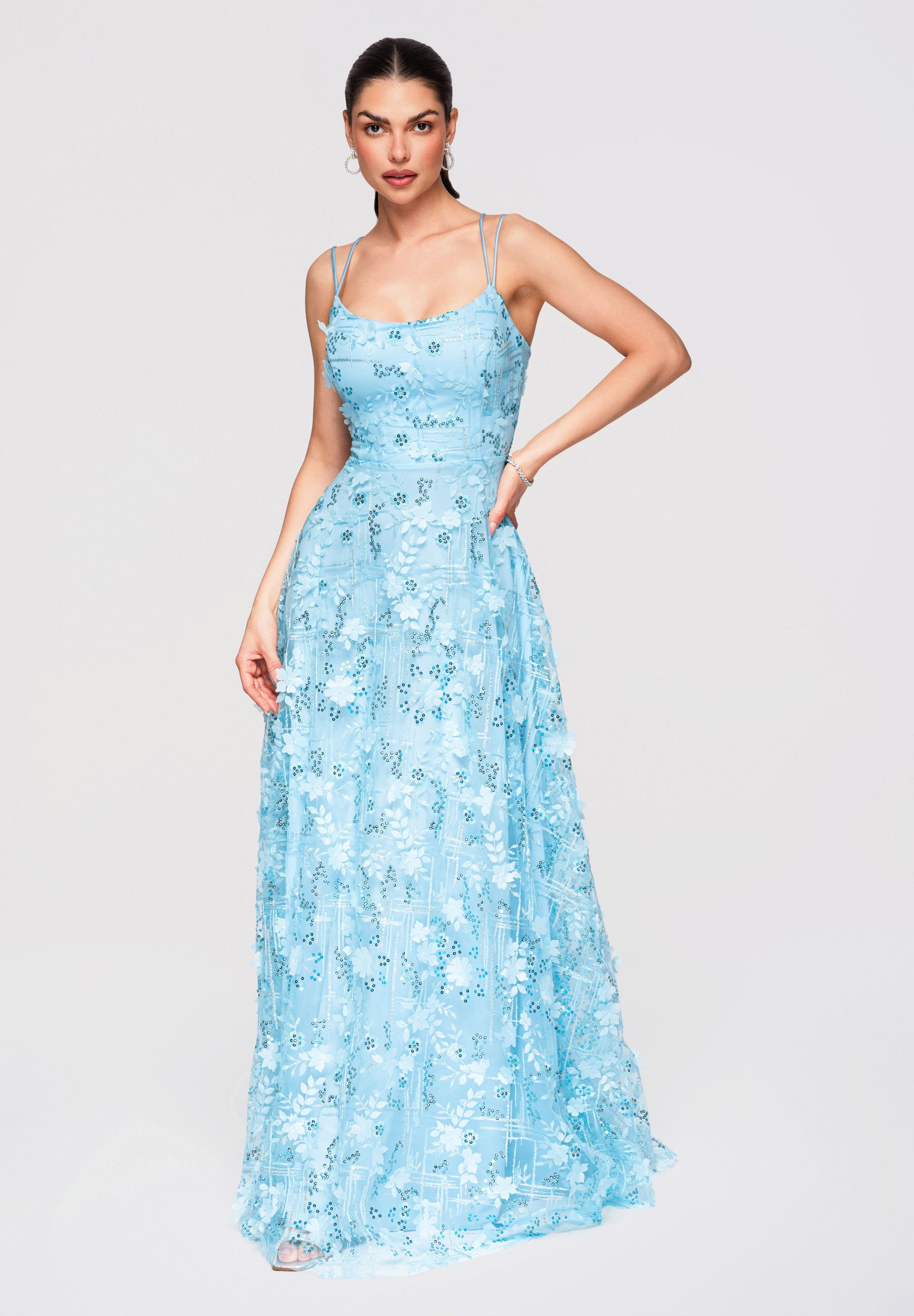 OMBRE Abendkleid Damen Maxikleid Abendkleid mit 3D-Applikationen Blau L (kein Set, 1-tlg) Rückenfreies Design, Korsettschnürung
