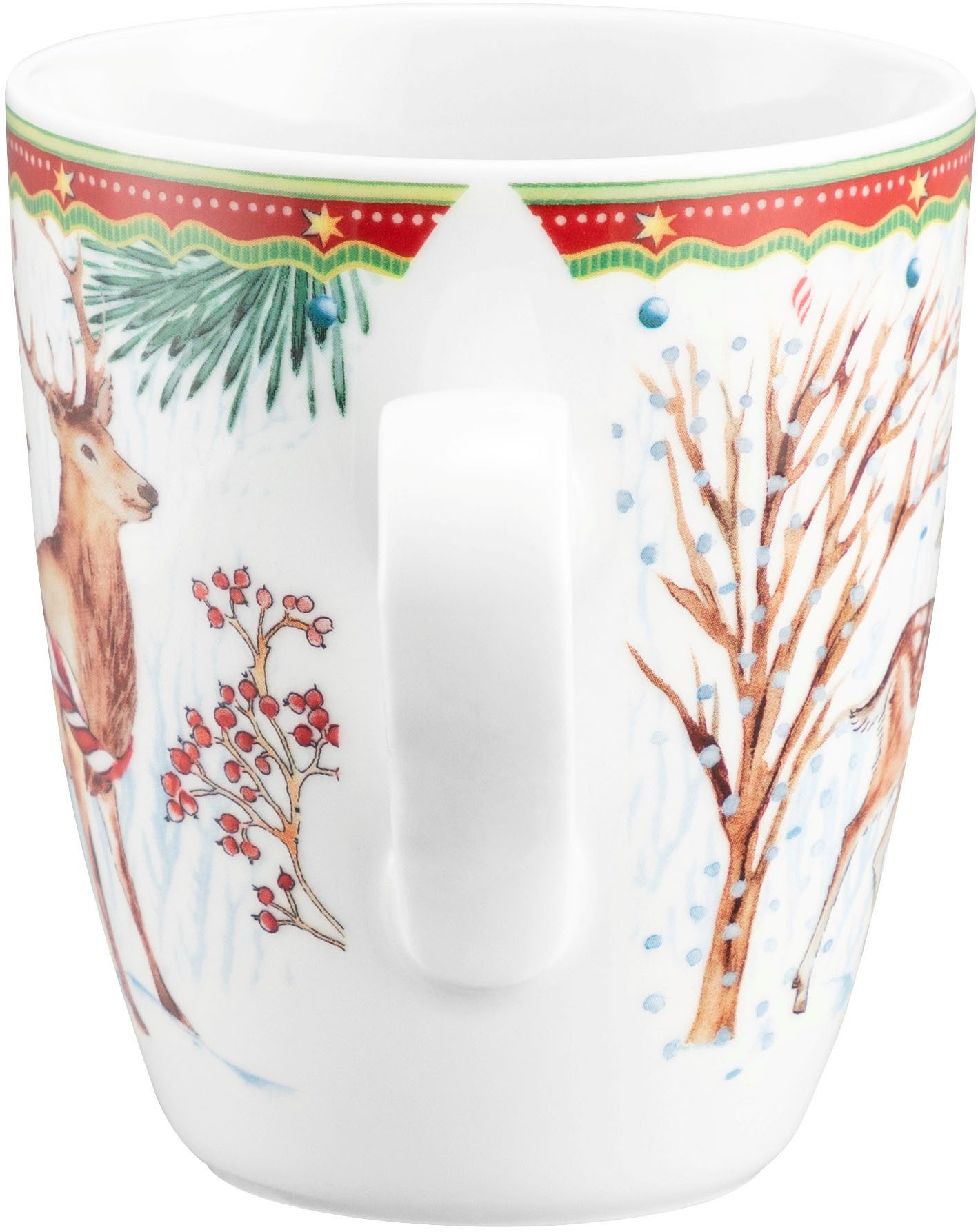 Seltmann Weiden Becher Life - Hirsch mit Schlitten, 1-tlg., Porzellan, Becher mit Henkel 0,40 l und weihnachtlichem Dekor