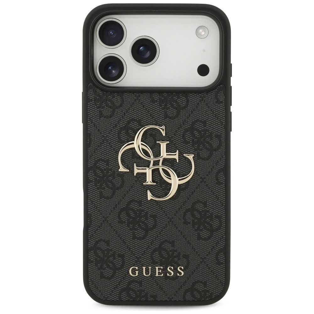 Guess Handyhülle iPhone 17 Pro Max Kunstleder grau Big Logo Metall goldfarben 6,9 Zoll, Kantenschutz