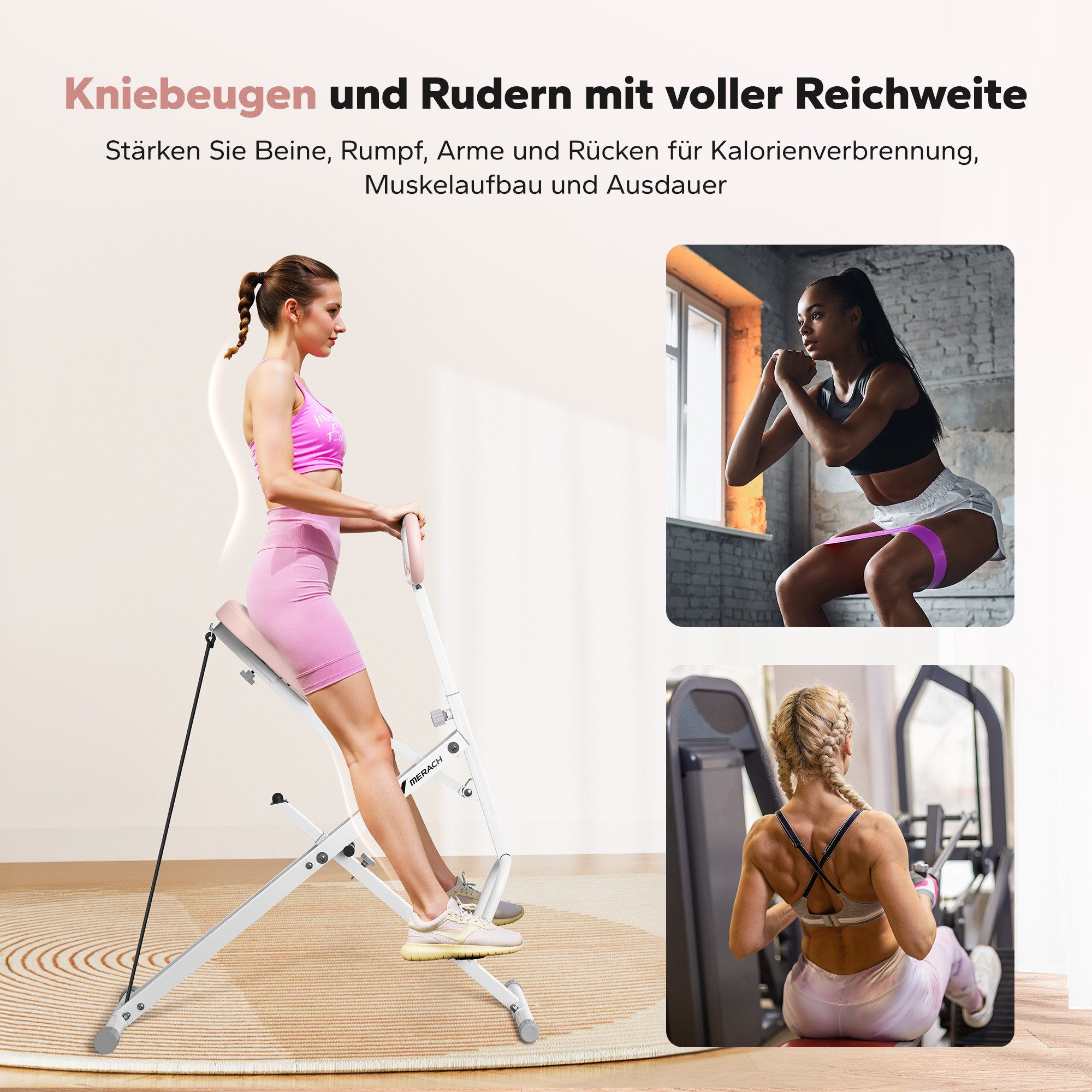 MERACH Bauchtrainer Fitnessgerät für Zuhause, Bauchmuskeltrainer, Rückentrainer (3 einstellbare Widerstandsbänder, bis 158 kg belastbar, klappbar, Platzsparend, verstellbarem Sitz, Armlehne und Lenker, LCD-Monitor), Kniebeugentrainer, Heimtrainer, Bauchtrainer für Ganzkörpertraining