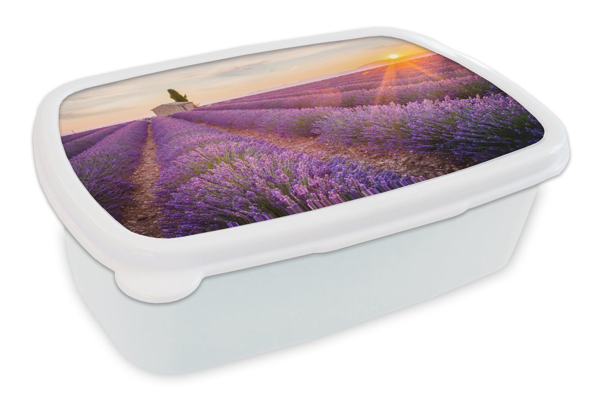 - und Erwachsene, Sonnenuntergang - weiß Brotdose, Lila, MuchoWow Brotbox und Jungs Kinder Lunchbox für für Kunststoff, Lavendel - Blumen Mädchen (2-tlg),