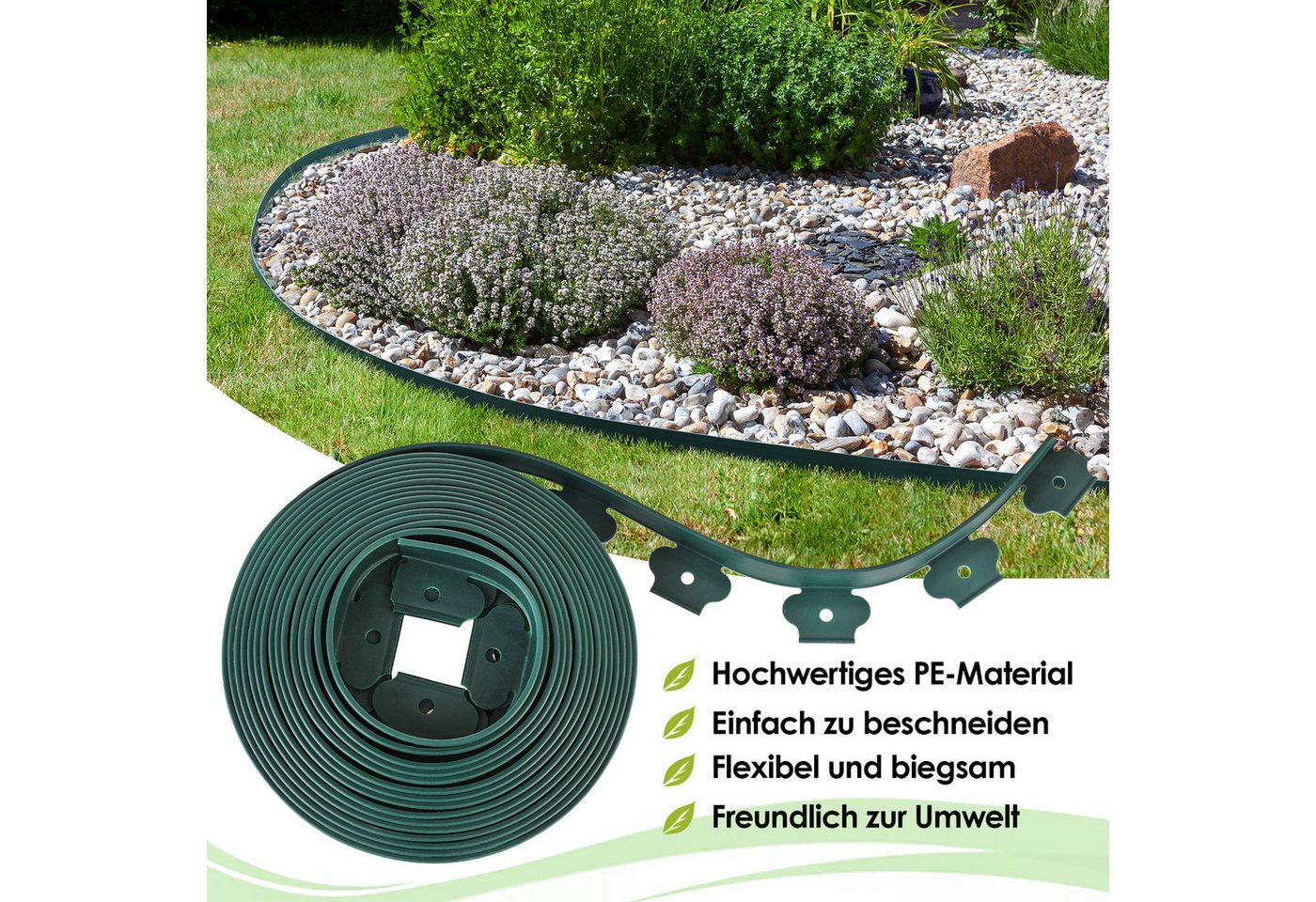 Thumbnail - TLGREEN Rasenkante Mähkante Gartenzaun, 20m Flexible Rasenkante aus Kunststoff, mit 100 Erdanker + 1 Paar Handschuhe