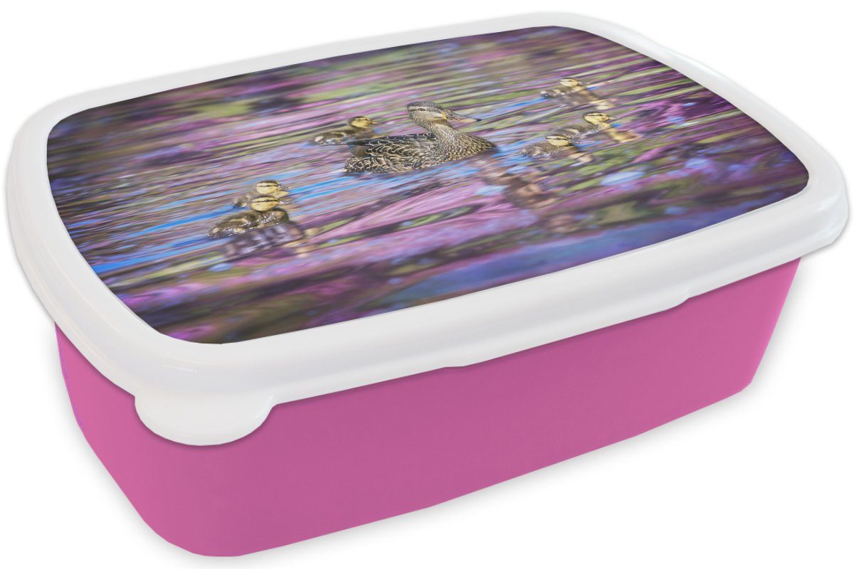 MuchoWow Lunchbox Ente - Wasser für - Farben, Kunststoff (2-tlg), Brotdose Kunststoff, Brotbox Erwachsene, rosa Kinder, Snackbox, Mädchen