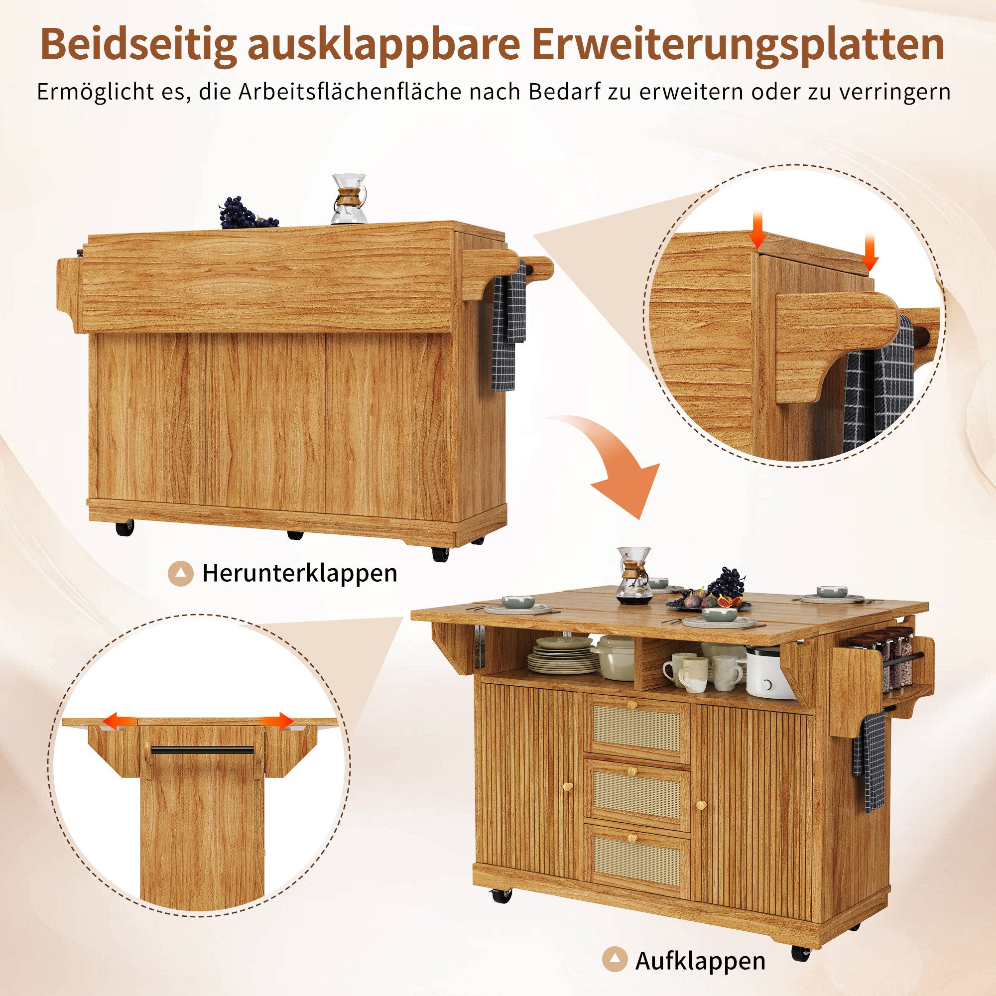 i@home Kücheninsel Küchenwagen Rattan Bartisch mit ausklappbaren Seiten, (Servierwagen mit Rattan-Schubladen), Barwagen für Balkon & Camping, Natur – Bild 5 von 5