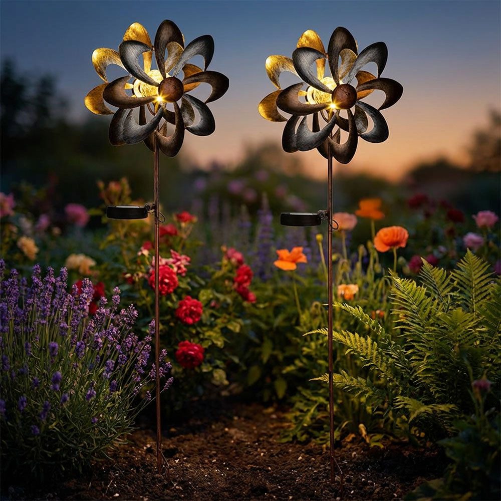 Haushalt International LED Solarleuchte, LED-Leuchtmittel fest verbaut, Warmweiß, LED Solarleuchte Gartendeko Windrad Blume Erdspieß Außenlampe 92 cm 2x