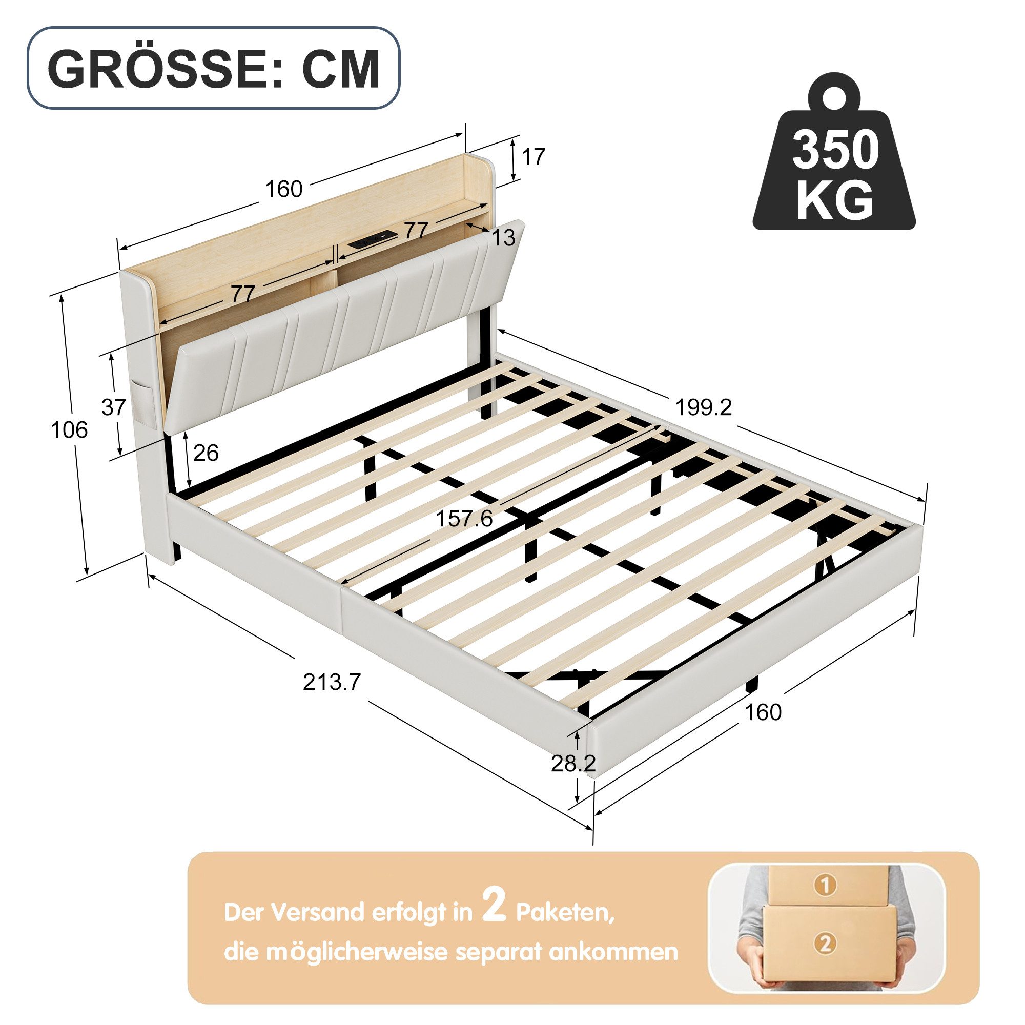 Simurq Polsterbett 160x200cm LED Stauraum USB Weiß Eichenoptik (USB-Ladeanschluss), Schwebebett,LED,Stauraum,USB,Weiß,Eichenoptik,Lattenrost – Bild 4 von 5