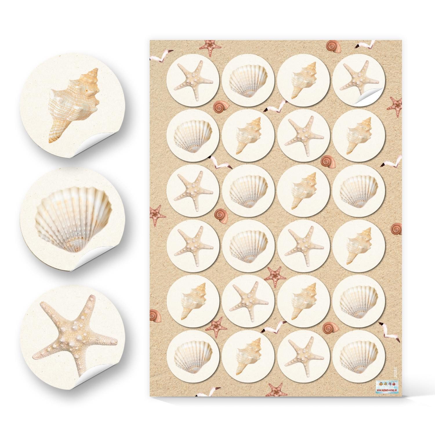 Logbuch-Verlag Aufkleber Maritime Aufkleber Muschel sandfarbe beige weiß 4 cm rund 1 Bogen / 24