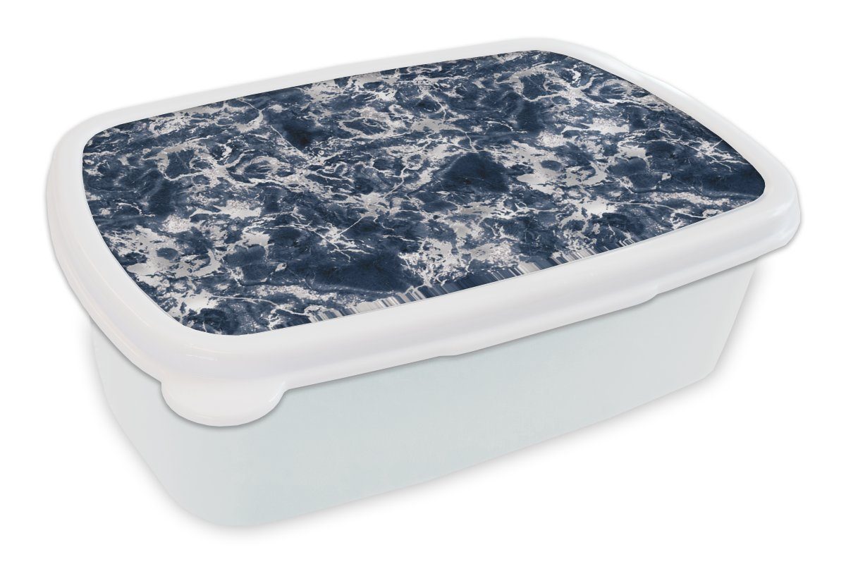 MuchoWow Lunchbox Silber - Marmor - Muster - Blau, Kunststoff, (2-tlg), Brotbox für Kinder und Erwachsene, Brotdose, für Jungs und Mädchen weiß