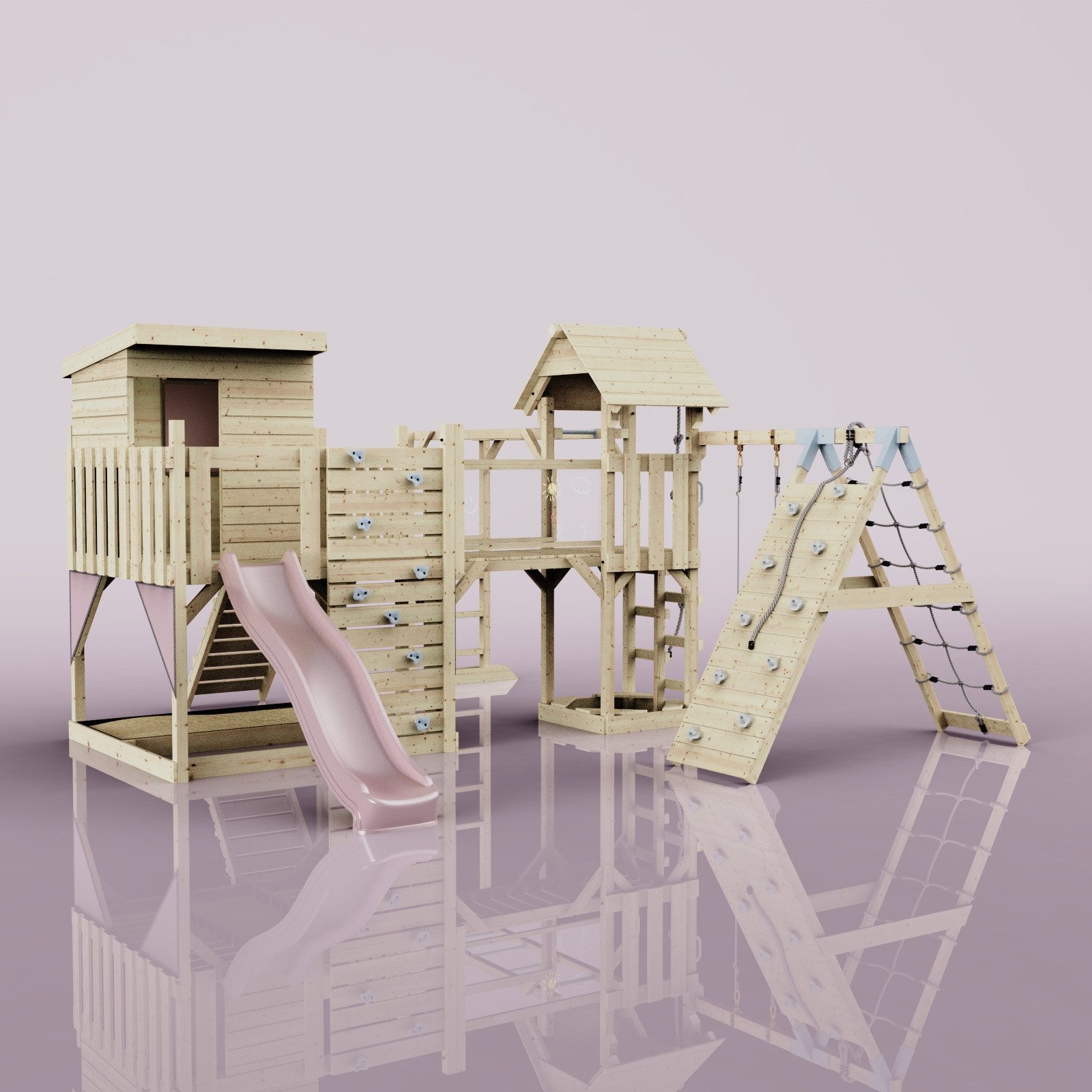 OutdoorToys Spielturm Tessa, aus Holz in Altrosa mit Kinderschaukel & Rutsche, Kletterwand