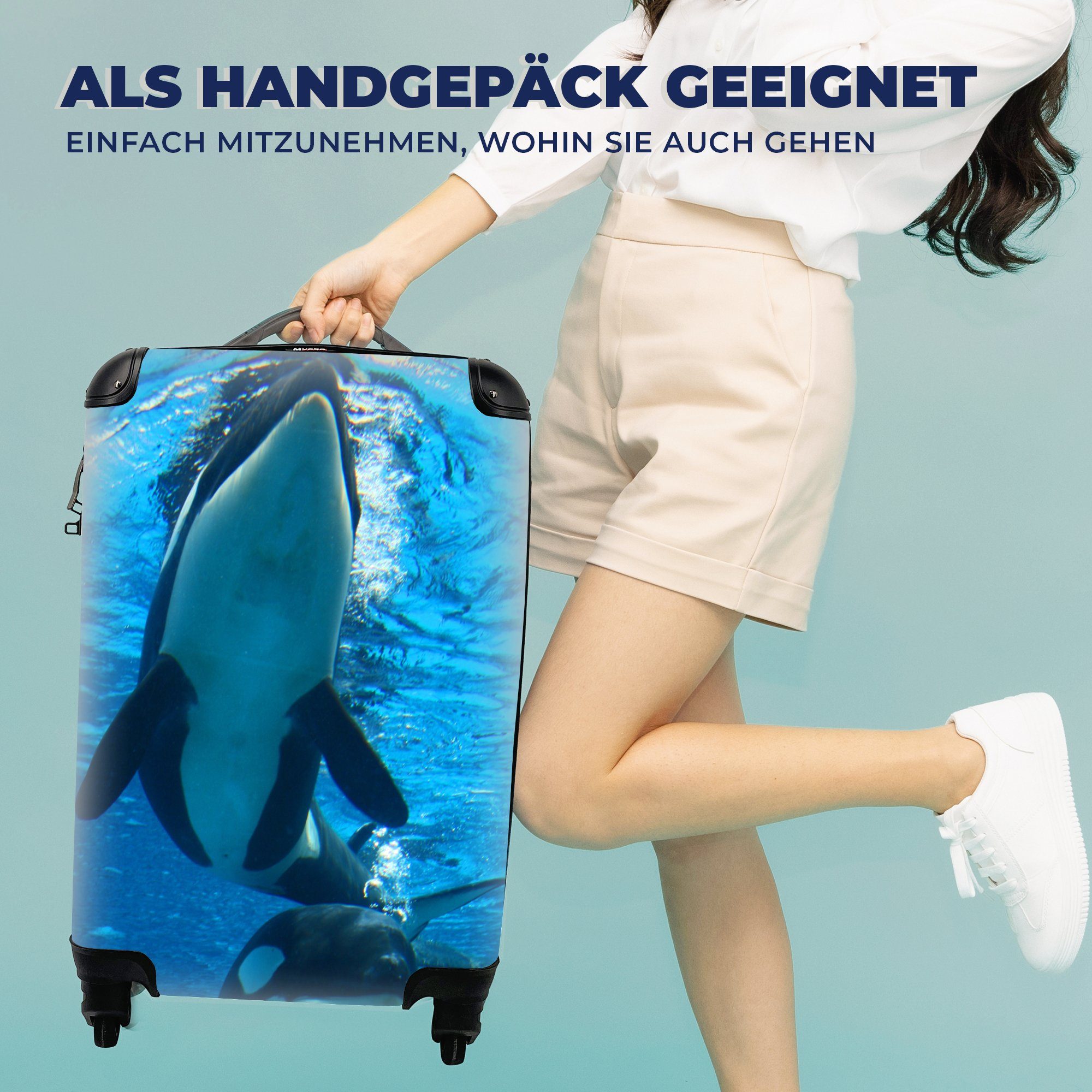MuchoWow Handgepäckkoffer Zwei Orcas unter Wasser, 4 Rollen, Reisetasche mit rollen, Handgepäck für Ferien, Trolley, Reisekoffer