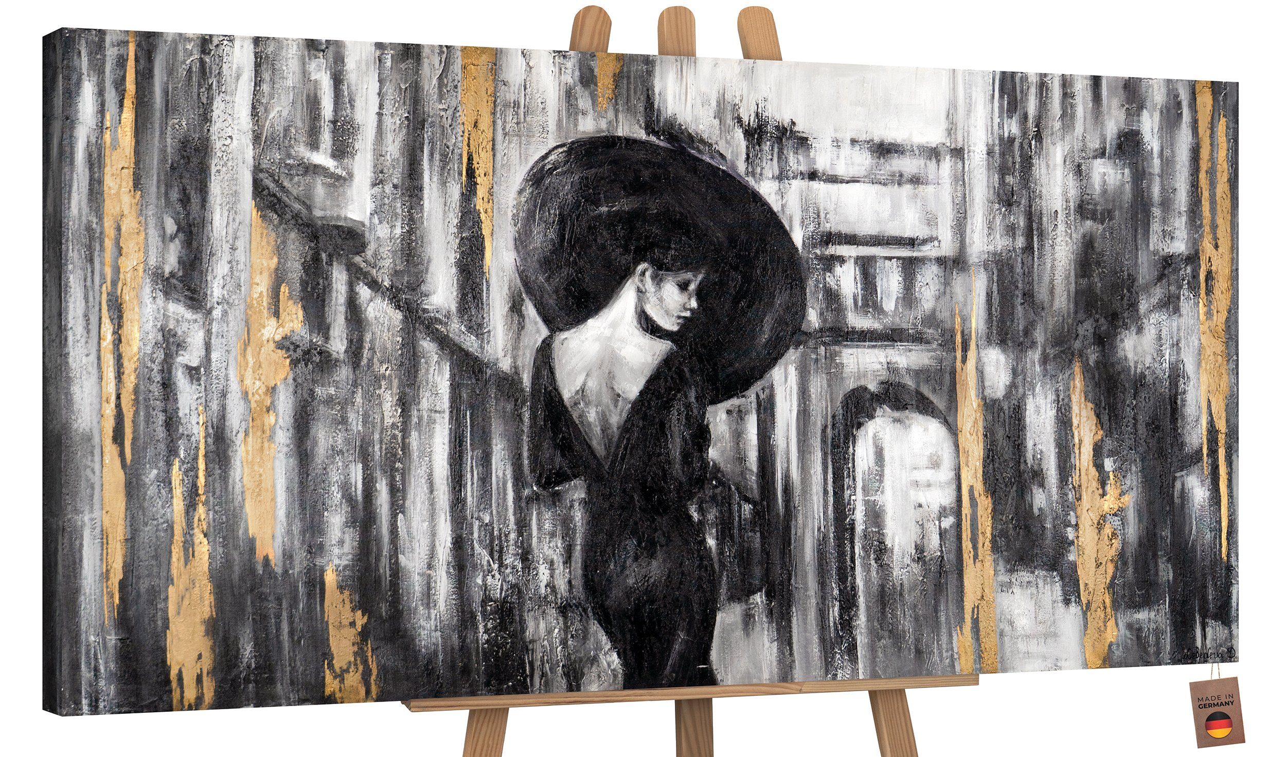 Filmstreifen, YS-Art Gold Regenschirm Schwarz Menschen, Frau Bild Leinwand Handgemalt Ohne Gemälde Schattenfugenrahmen