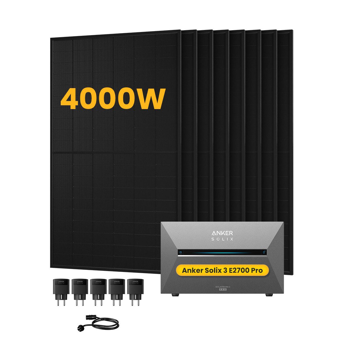 Anker Balkonkraftwerk 4000W Anker SOLIX Solarbank 3 E2700 Pro mit Zusatzsakku und Smart Plug, (5xSmart Plug und 8x 500Wp Solarmodule im Lieferumfang enthalten), Speicher mit integriertem Wechselrichter, All-in-One 2,668kWh Akku