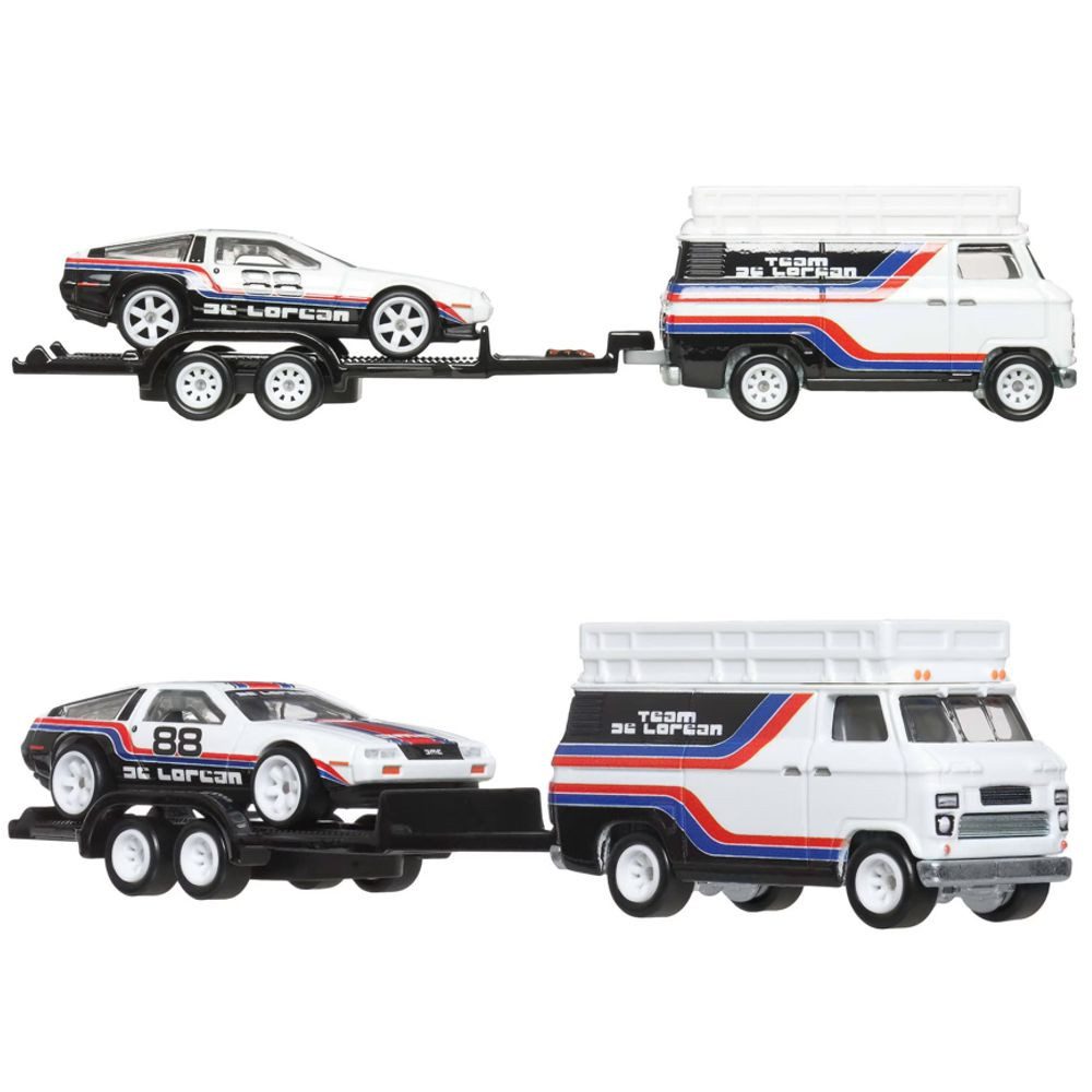 Hot Wheels Spielzeug-Rennwagen DMC DeLorean + HW Rally Hauler Hot Wheels Team Transport Fahrzeuge