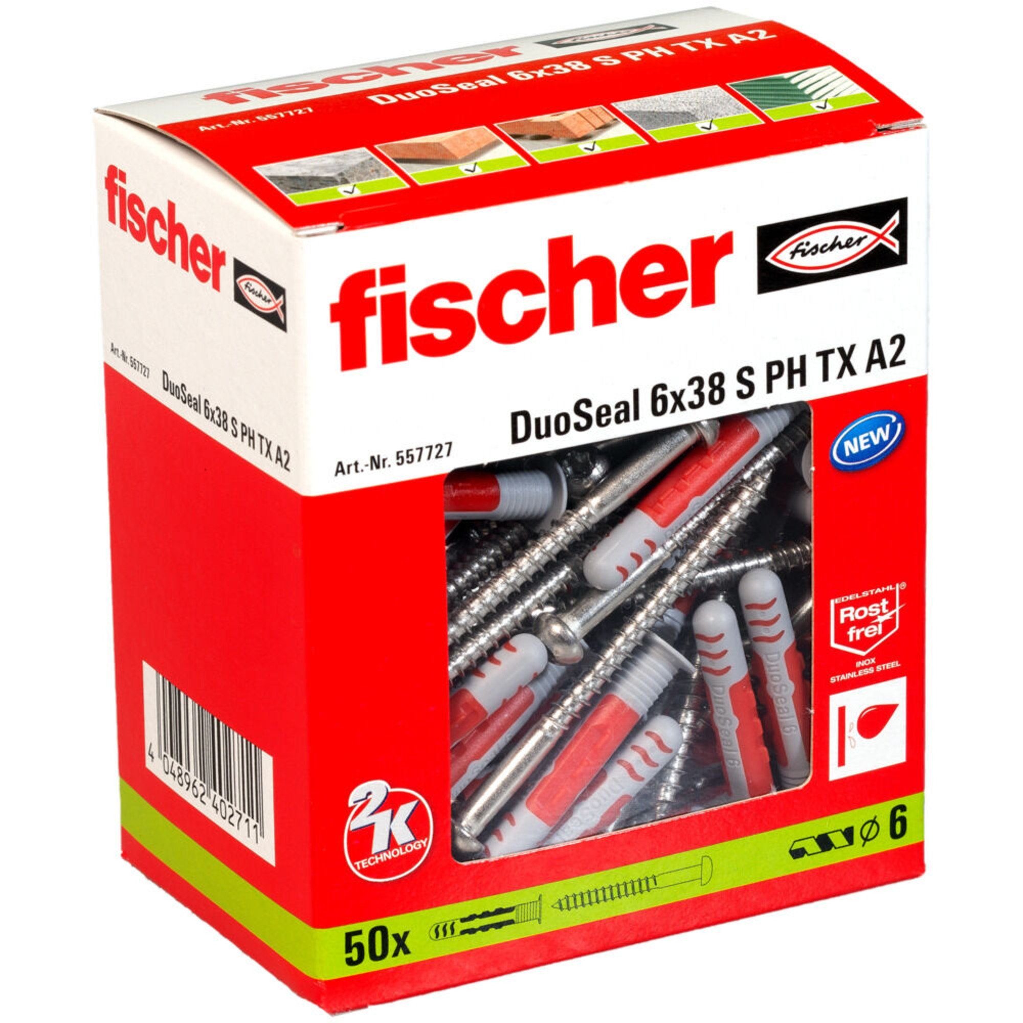 Fischer Universaldübel fischer Dübel DuoSeal 6x38 S PH TX A2, (50 Stück