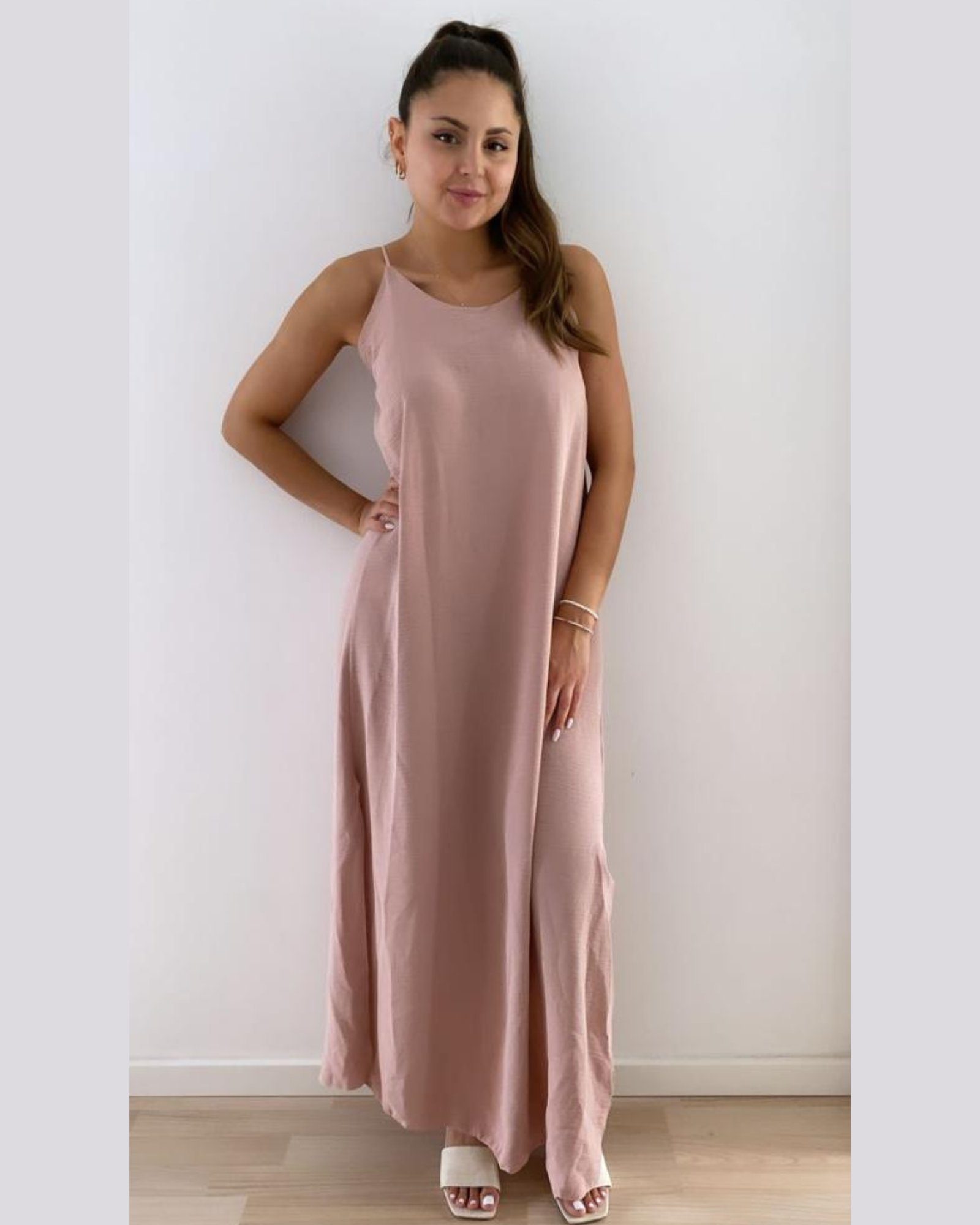 ITALY VIBES Midikleid MONA - langes Kleid - elegantes Sommerkleid mit Schlitz - ONE SIZE passt hier Gr. XS - XL rosa