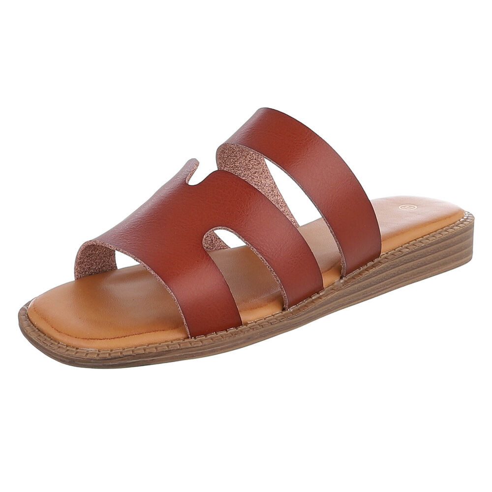 Ital-Design Damen Sandale mit breiten Riemen und bequemer Innensohle Pantolette (91409321) Keilabsatz/Wedge Pantoletten in Braun