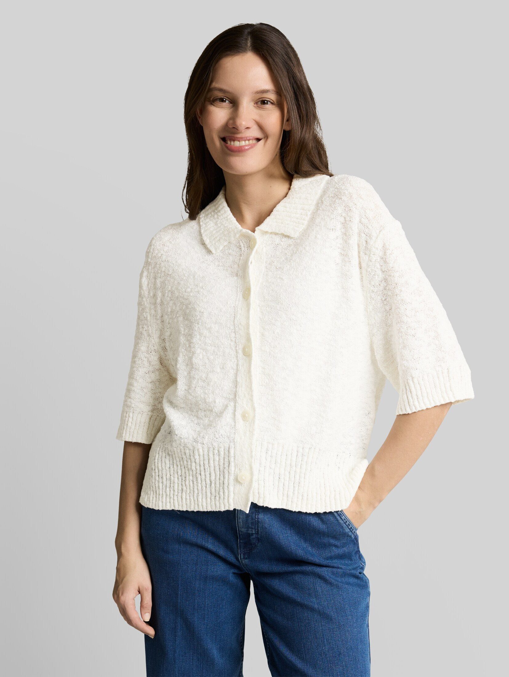 TOM TAILOR Cardigan Pullover & Strickjacken Loose Fit Bouclé Cardigan mit Kragen