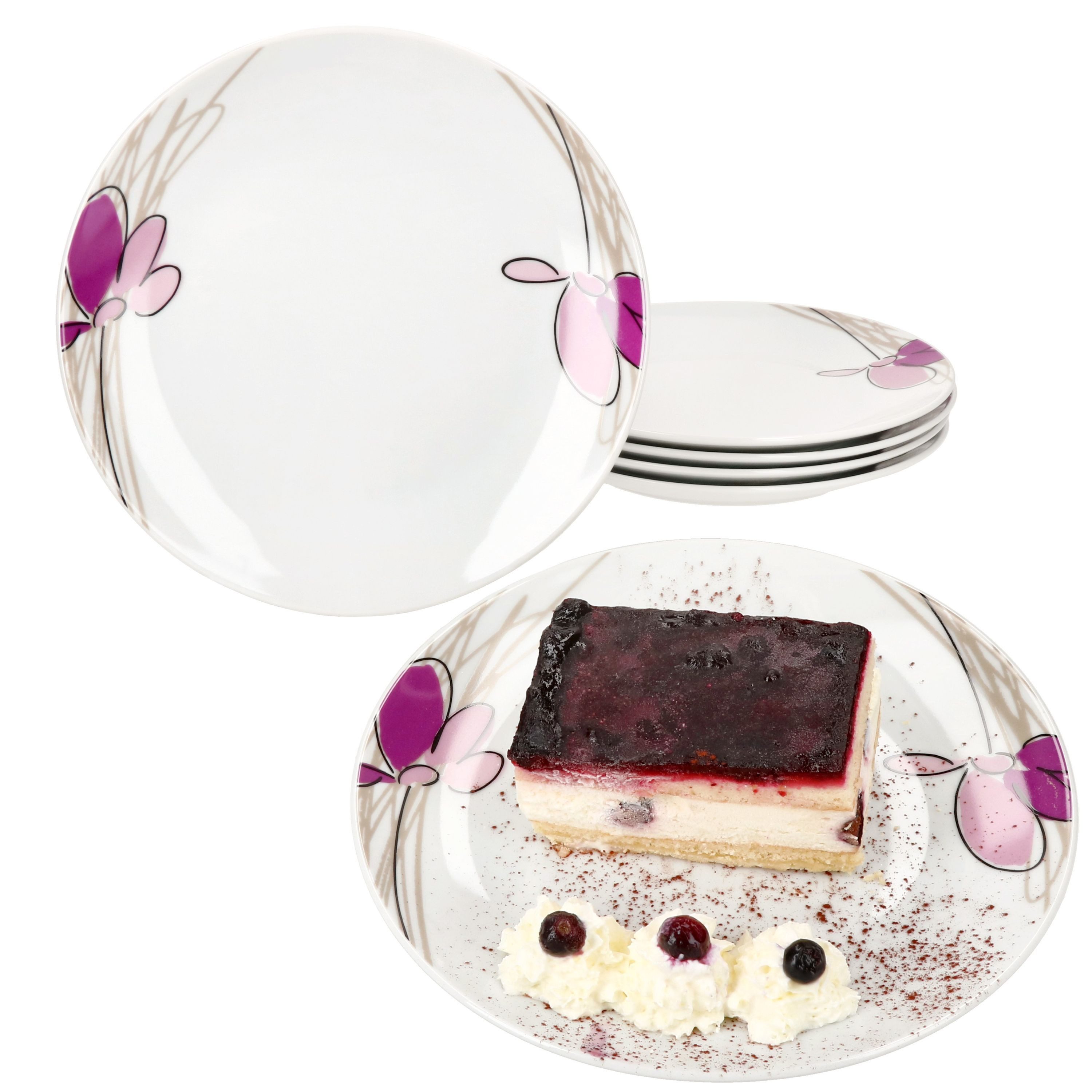 Frühstücksteller 6er Set Viola Kuchenteller Porzellan 6 Personen Frühstücks-Teller