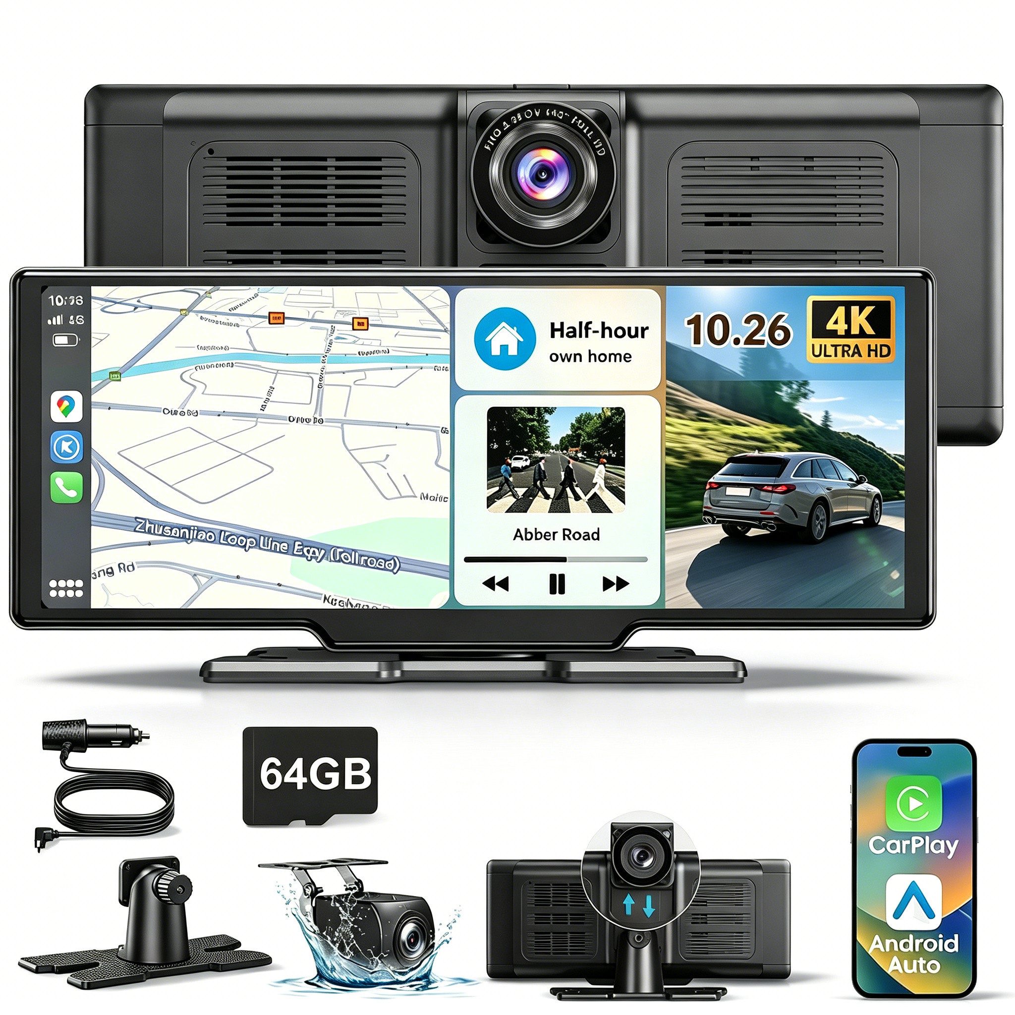 ESSGOO 4K 10.26'' Wireles Carplay Android Auto AutoRadio GPS Navigationsgerät Dashcam (64GB Rom TF Card WiFi,4K-Frontkamera/10.26" IPS Bildschirm(1600*600)