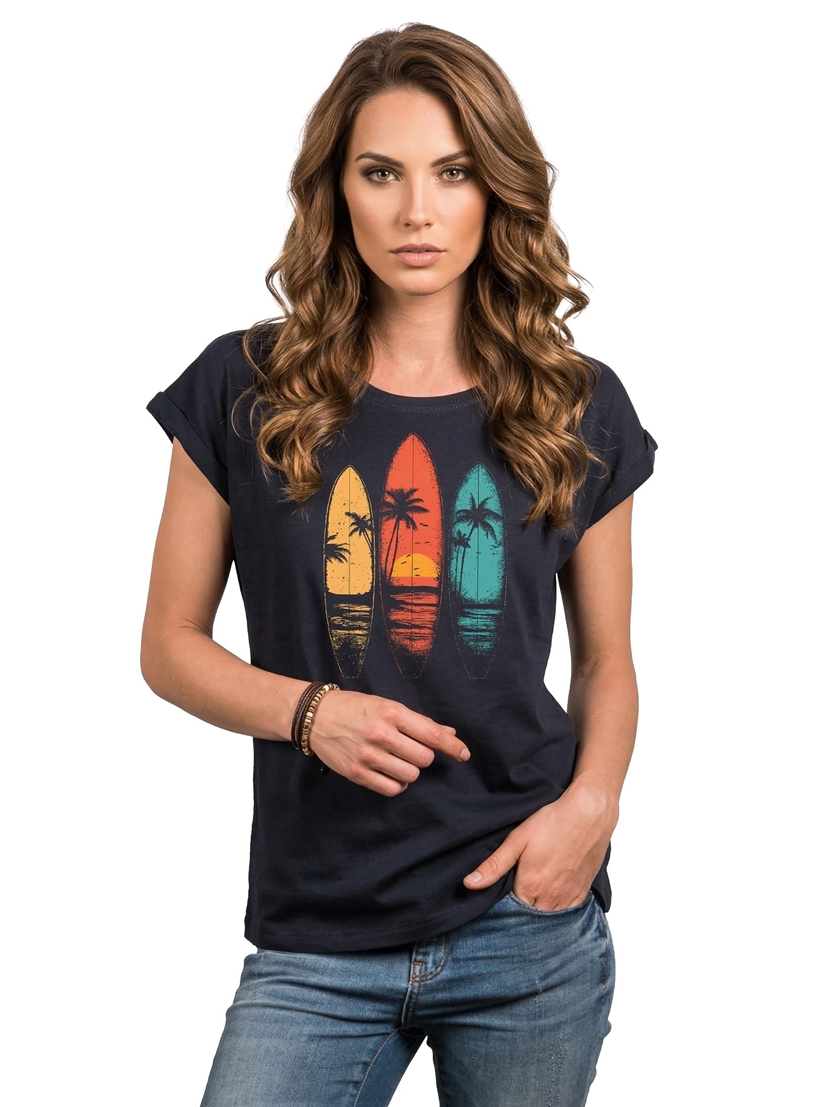MAKAYA T-Shirt Vintage Damen T-Shirt mit Surfbrett-Print, Retro Surf-Motiv (Schwarz, Blau, Dunkelgrau, 34, 36, 38, 40, 42, 44, 46, 48, 50) Baumwolle