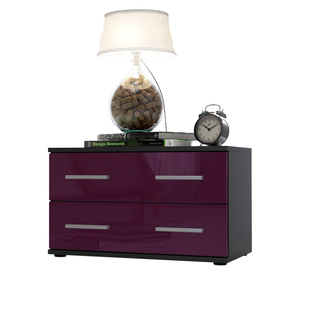 Vladon Nachttisch Kioto (Nachttischschrank, mit 2 Schubladen zur Wandmontage geeignet), Schwarz matt/Brombeer Hochglanz (60 x 35 x 35 cm)