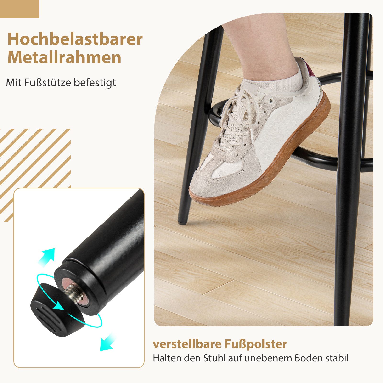 COSTWAY Barhocker (2er Set), gepolstert Barstühle mit Rücken & Fußstütze, drehbar