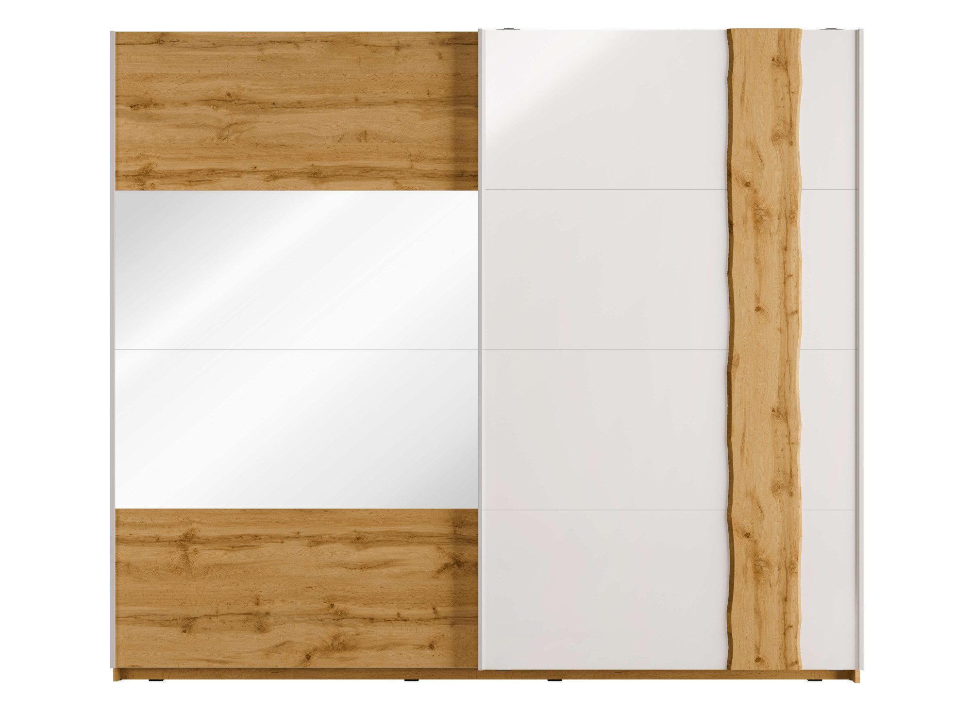 OTTO home Schwebetürenschrank Fabellaa, Weiß Hochglanz mit Eiche Dekor, mit Spiegel, 2 Schwebetüren (BxHxT 250x218x66,5 cm) mit 8 Einlegeböden, 2 Metallkleiderstangen, maximaler Stauraum