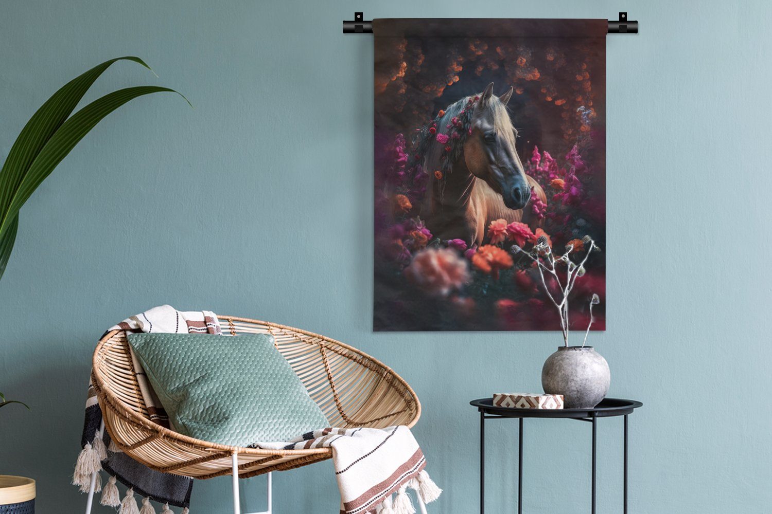 - Orange Wohnzimmer, MuchoWow der - Deko Wanddekoobjekt an Tapisserie, Lila Schlafzimmer Pferd für Blumen - - Wand, Tiere,