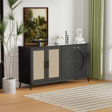 MODFU Sideboard Aufbewahrungsmöbel (4 Türen), Aufbewahrungsmöbel mit halbrunde Tür,Glastüren aus Rattan, 160*40*80cm